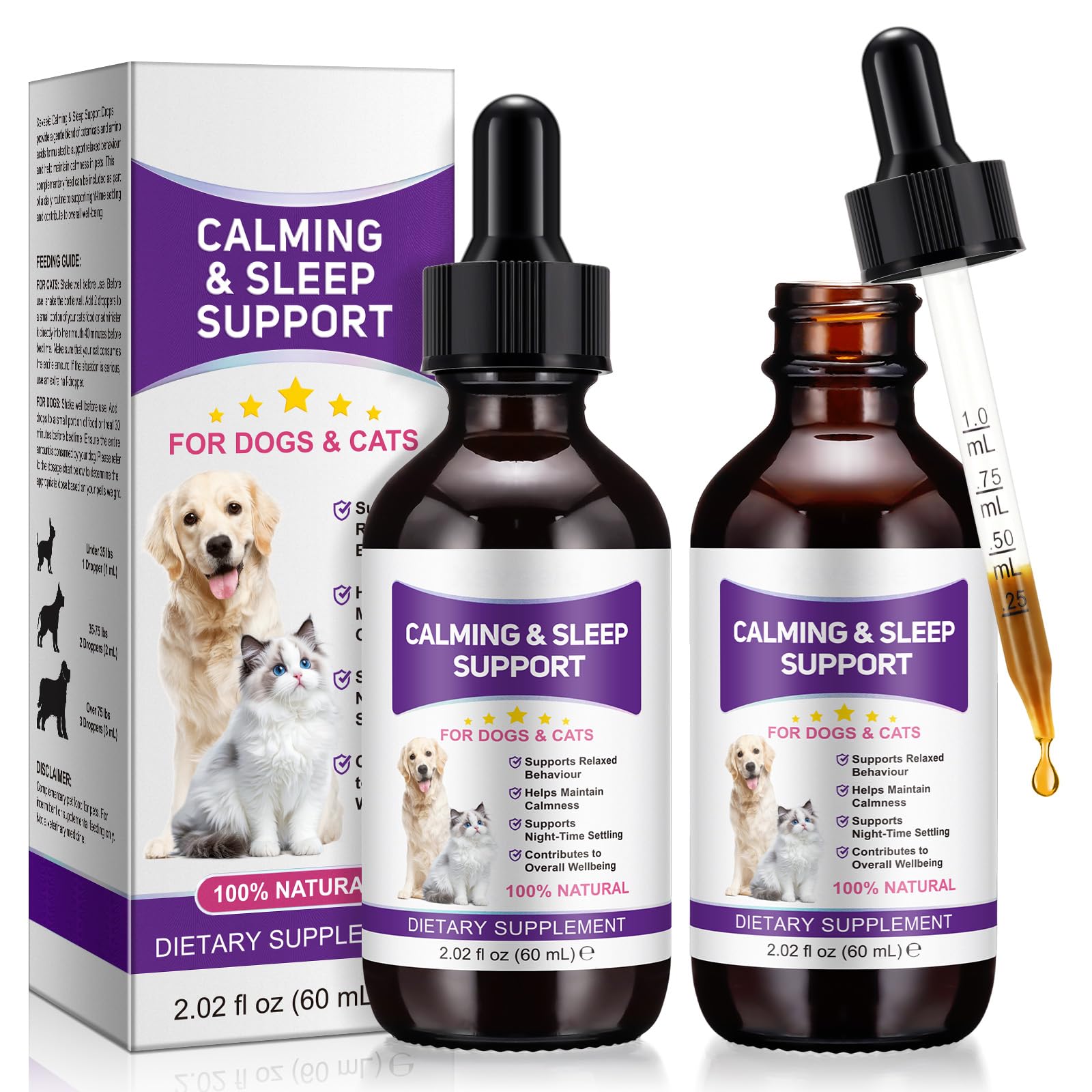 Melatonina para Mascotas, Melatonina para Perros y Gatos, 60 ml*2 Pastillas para Dormir para Perros, Ayuda a aliviar la ansiedad y el estrés, promueve la relajación y el sueño Profundo, Sabor a Pollo