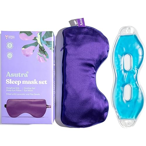 ASUTRA Silk Eye Pillow for Sleep, Purple - Filled w/Lavender Buds & Flax Seeds, Weighted Eye Mask, Meditation & Light Blocking Blindfold, Cooling Gel Mask Included