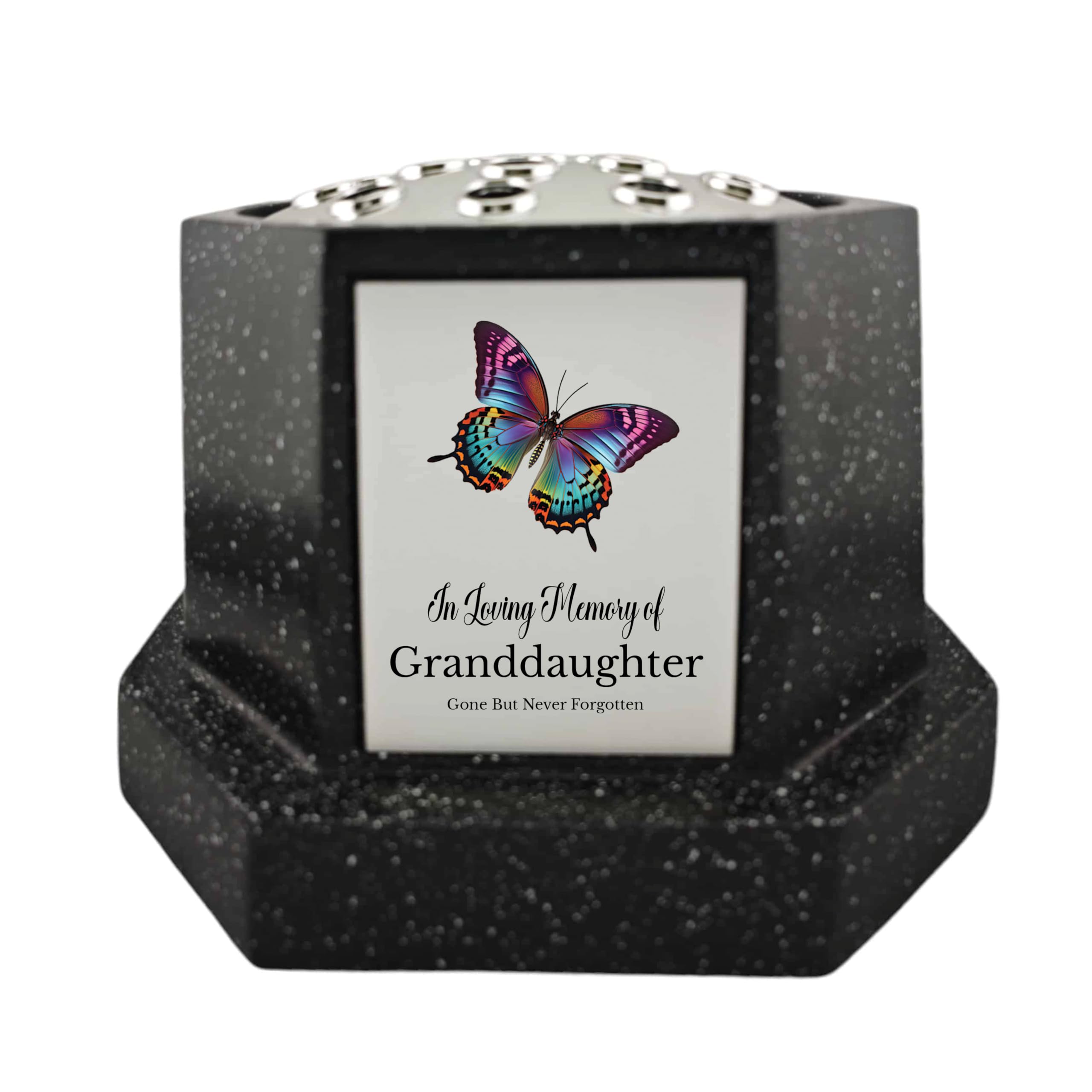 1Stclassgifts Black In Loving Memory Of Memorial Octagon Rose Bowl Grave Marker Flower Pot Vase With Butterfly Design Mum & Lots More /Silver (Uv Printed) (Granddaughter)