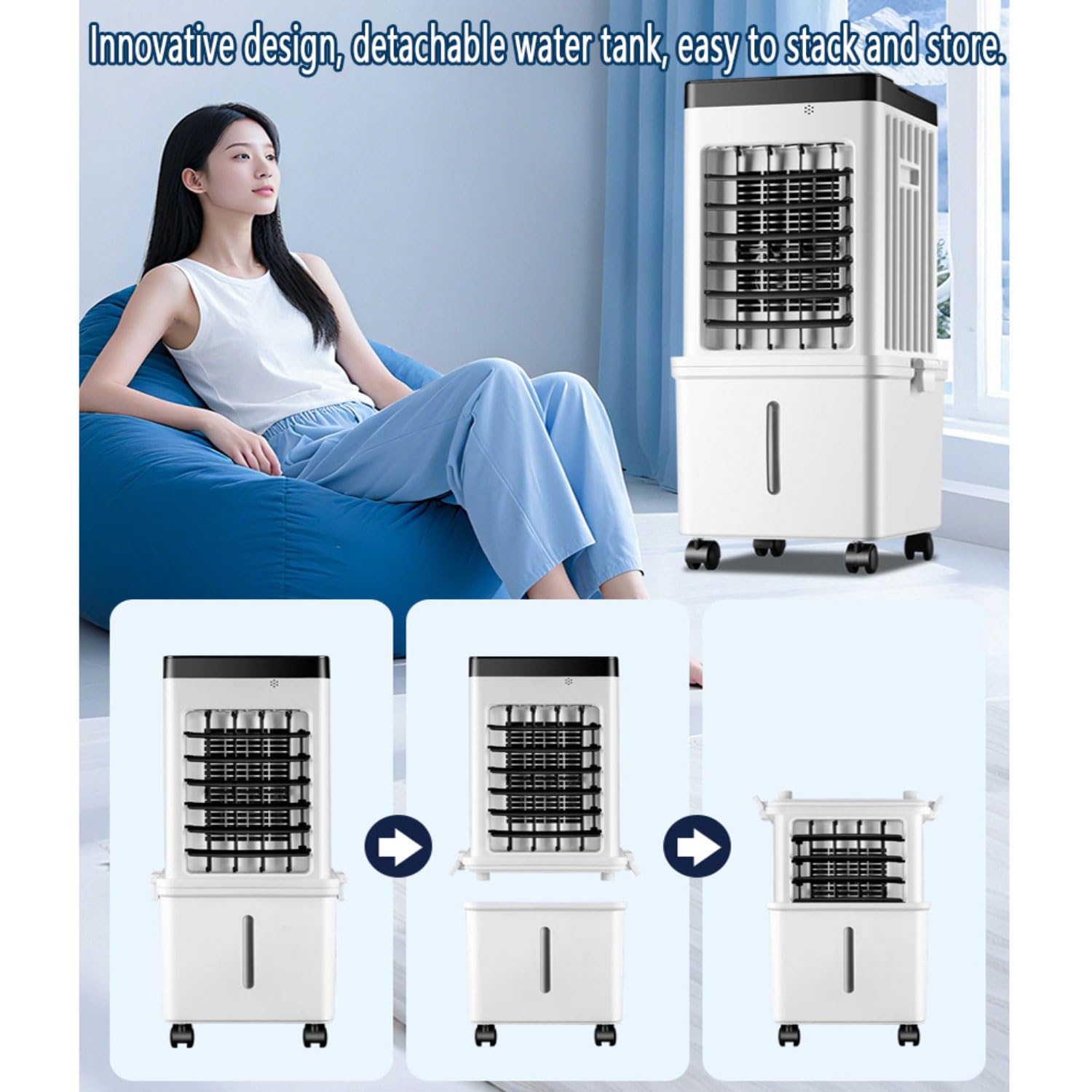 Condizionatore portatile umidificatore ventilatore raffreddante, serbatoio 15L, 3 modalità & velocità, oscillazione 90°, timer 7.5H, telecomando, raffrescatore evaporativo silenzioso casa ufficio