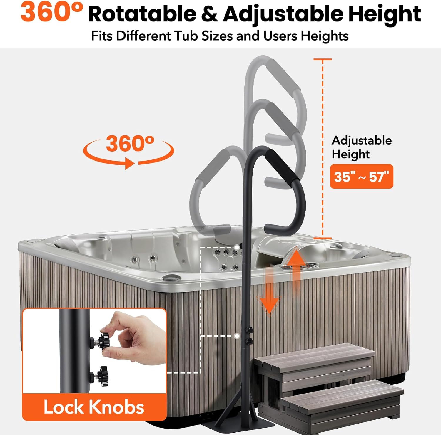 Garvee Hot Tub Handrail, 360° Rotatable Spa Side Handrail with 35"～57 in Adjustable Height, Hot Tub Hand Rail with Slide-Under Base and Non-Slip Grip for Indoor & Outdoor