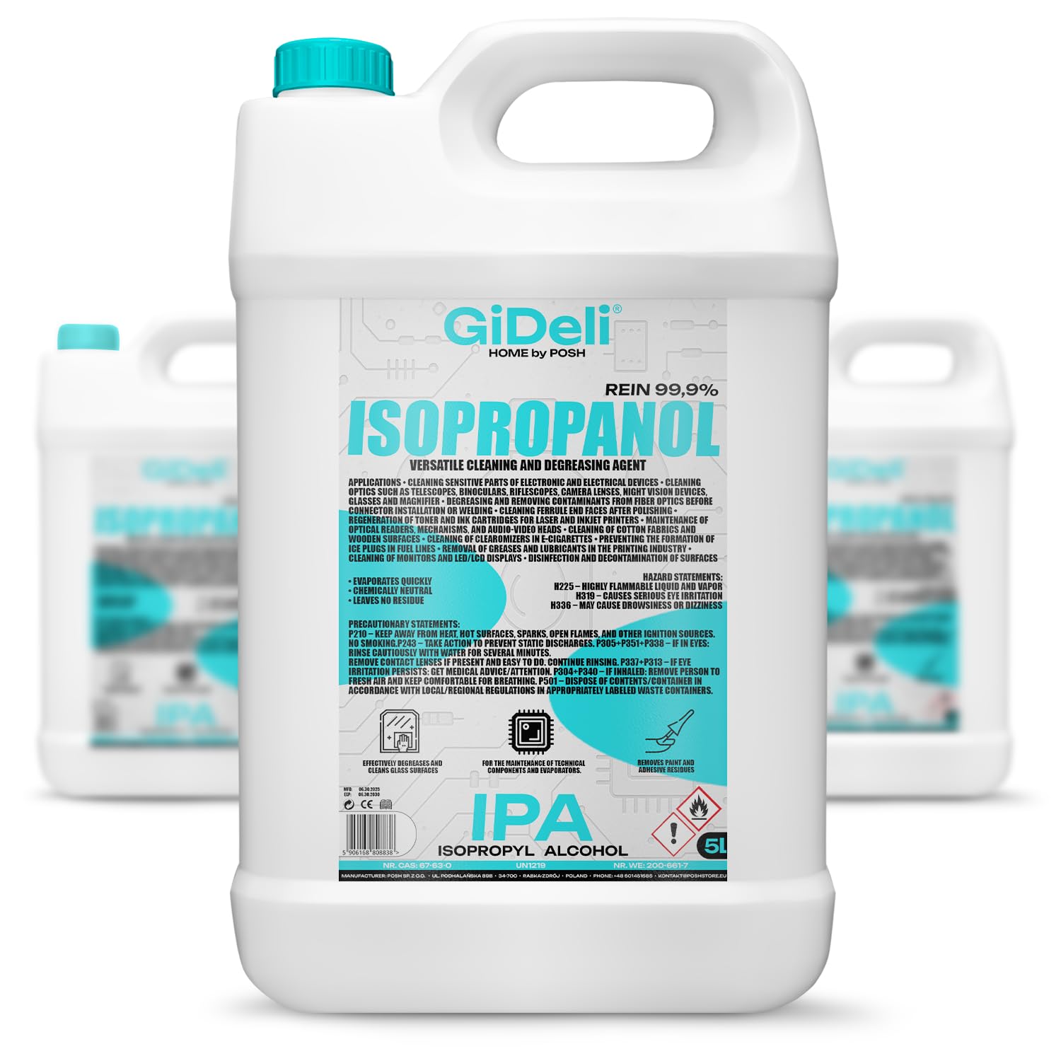 GiDeli Isopropanol 99,9% 15 litres d'alcool isopropylique à haute teneur en alcool pour le nettoyage des composants électroniques, lentilles et écrans, nettoyage des résines avec impression 3D