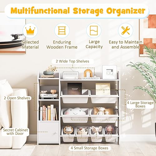 Miniatura 5 de Costzon Organizador de almacenamiento de juguetes para niños, armario de almacenamiento de 4 niveles con 8 contenedores extraíbles, estantería