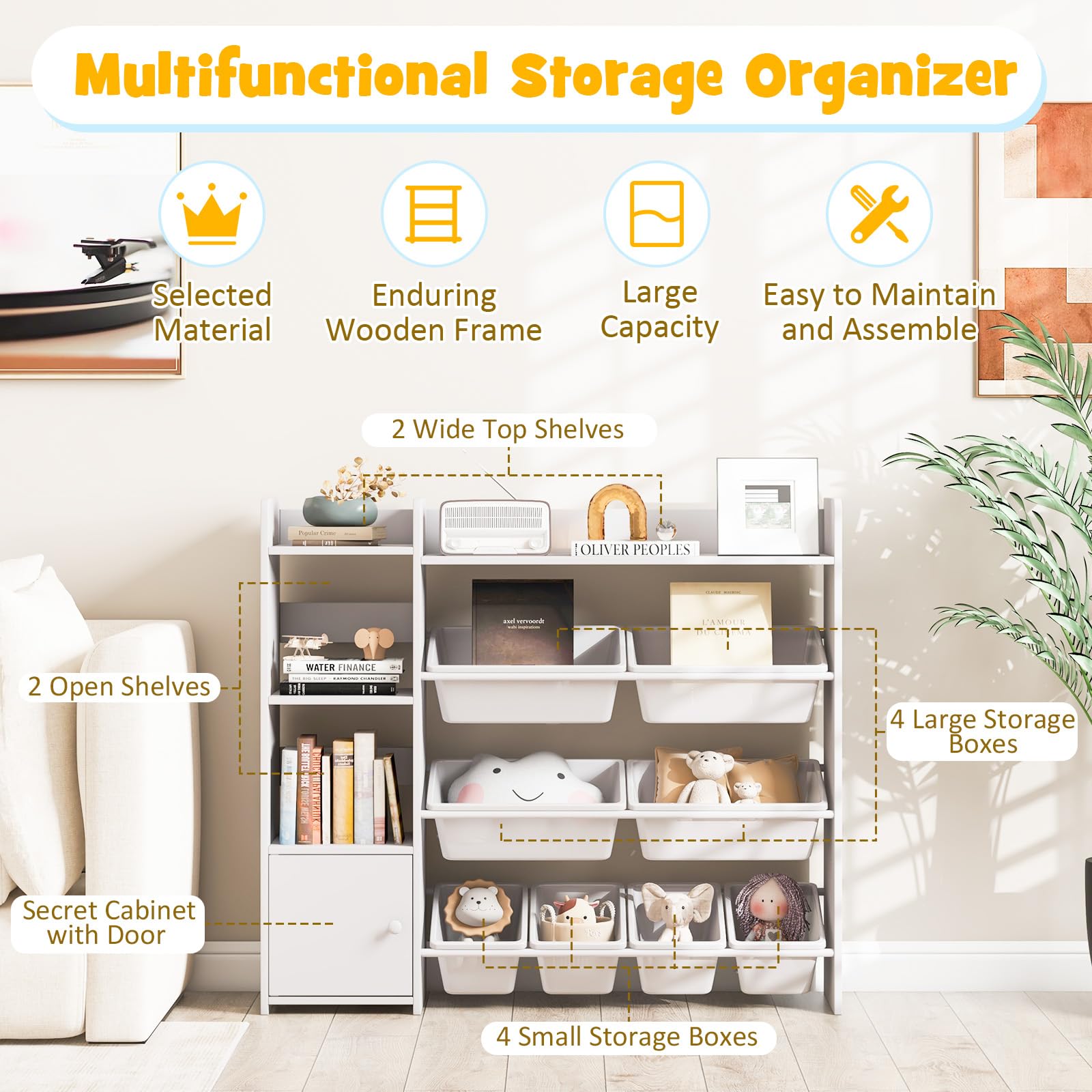 Costzon Organizer per giocattoli, libreria a 4 ripiani per bambini e giocattoli con 8 contenitori per giocattoli, grande armadio con porta, libreria multiuso per bambini per stanza dei giochi, asilo