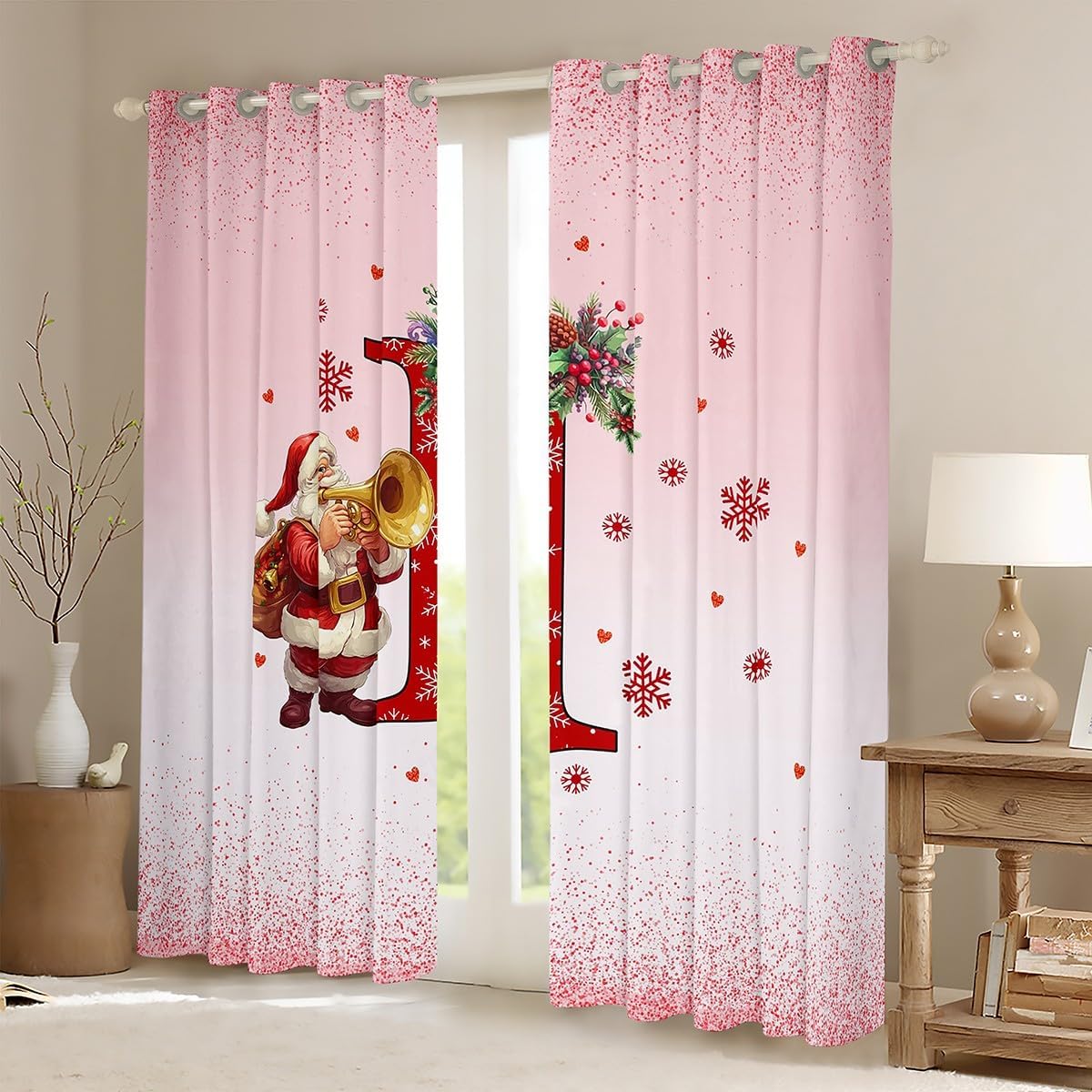 Feelyou Kids Pink Christmas Theme Curtain (2 Panels, 38 x 45 Inch) Alphabet Personalized Initials Letter I Window Drapes Boys Girls Xmas Snowflakes Cute Santa Claus Blackout Shades Room Decor image 2