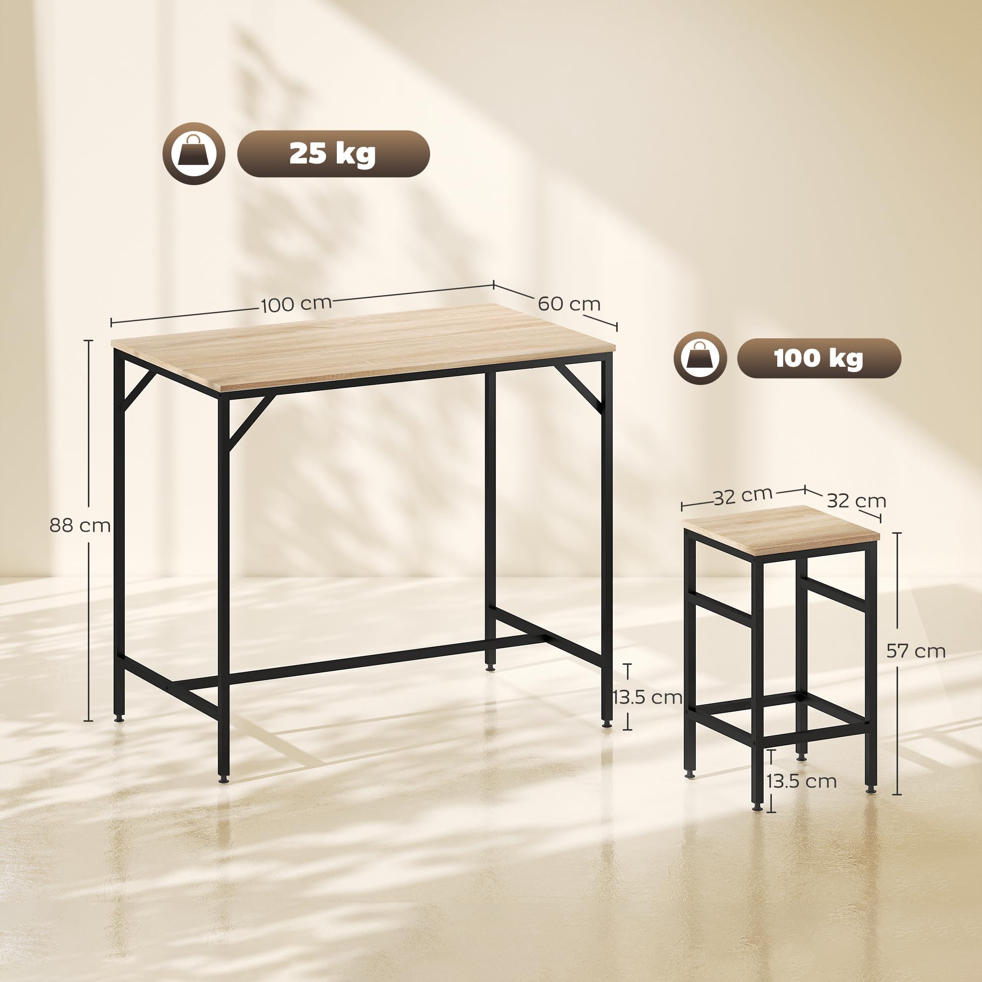 HOMCOM Set Tavolo Moderno da Cucina, Tavolo Alto con 4 Sgabelli Stile Industriale, Metallo e Legno, Arredamento Moderno, Soggiorno e Cucina, 100Lx60Px88Acm, Rovere Chiaro