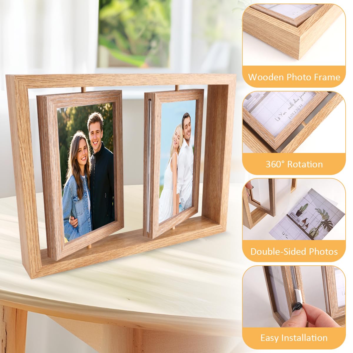 Zamety Fotolijst 10x15, 360° Draaibaar Kader, Dubbelzijdig Fotolijst Kan 2 Foto's Plaatsen, Houten Kader met Acryl Voor Bruiloft, Huis, Vakantie Cadeau Tafel of Muur