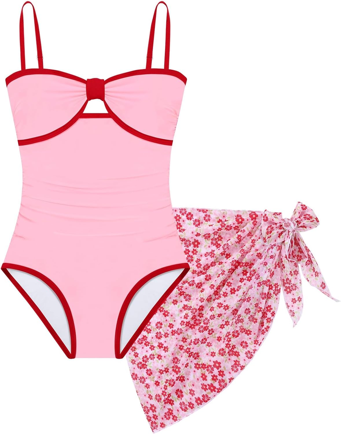 Weixinbuy Girls Swimsuit Cut Out One Piece Swimsuits Bathing Suit Tropical Mesh Cover Up Skirt Teen Girls' Swimwear Swimsuit