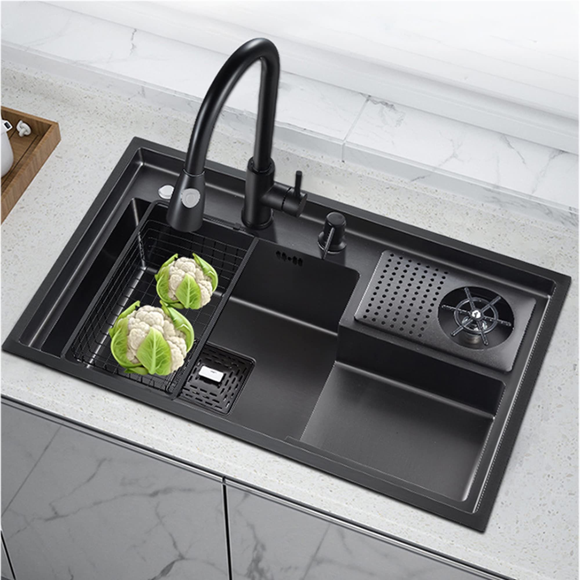 Lavandino Cucina Incasso Nero Lavello in Acciaio Inox Professionale 1 Vasca Lavello da Bar Multifunzionale con Rubinetto Lavabicchieri Componenti di Drenaggio per Postazione di Lavoro Caffè Ristorante