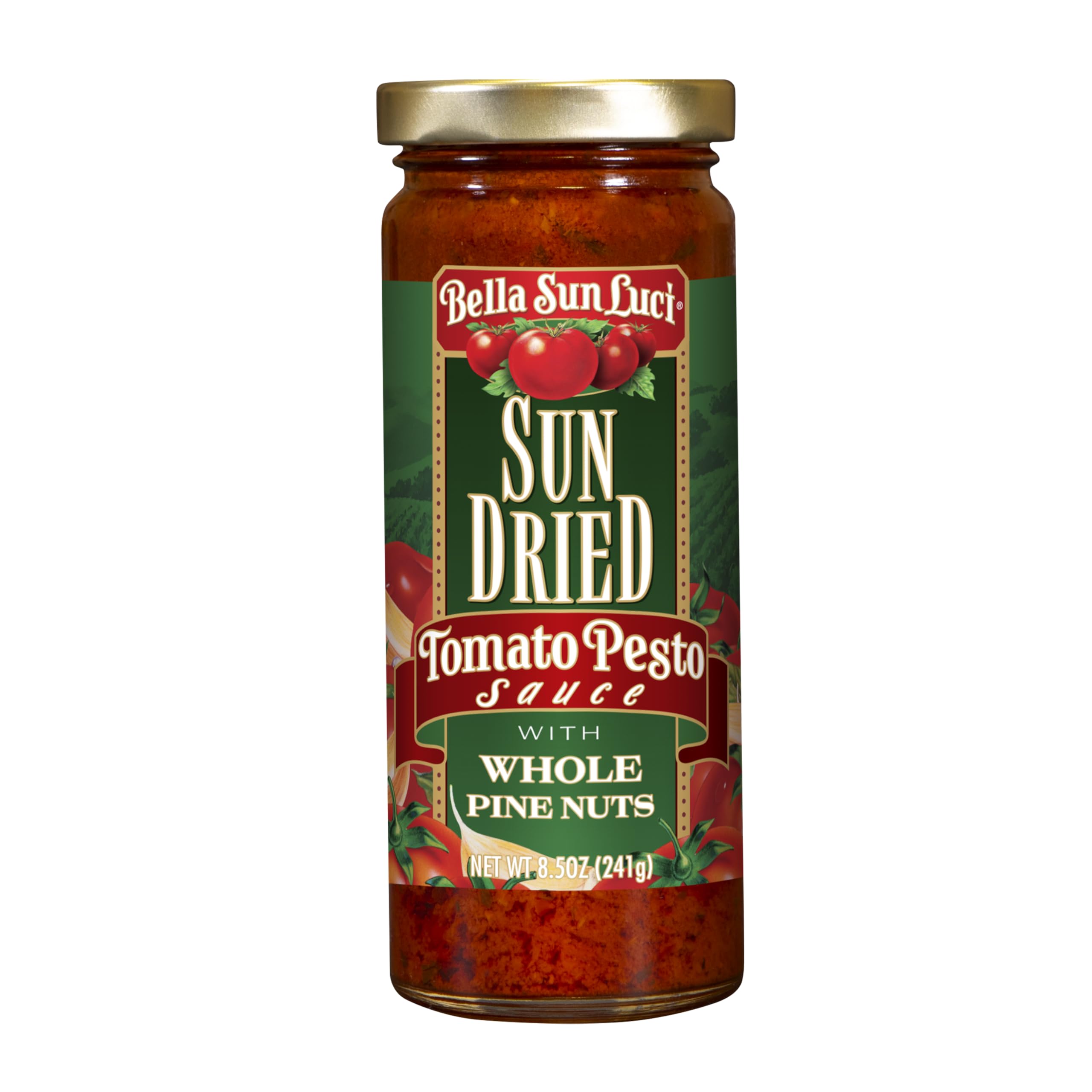 Bella Sun Luci Sun-Dried Tomato Pesto Sauce with Whole Pine Nuts, Rich Mediterranean Spread for Pasta, Chicken & Bread, 8.5 oz