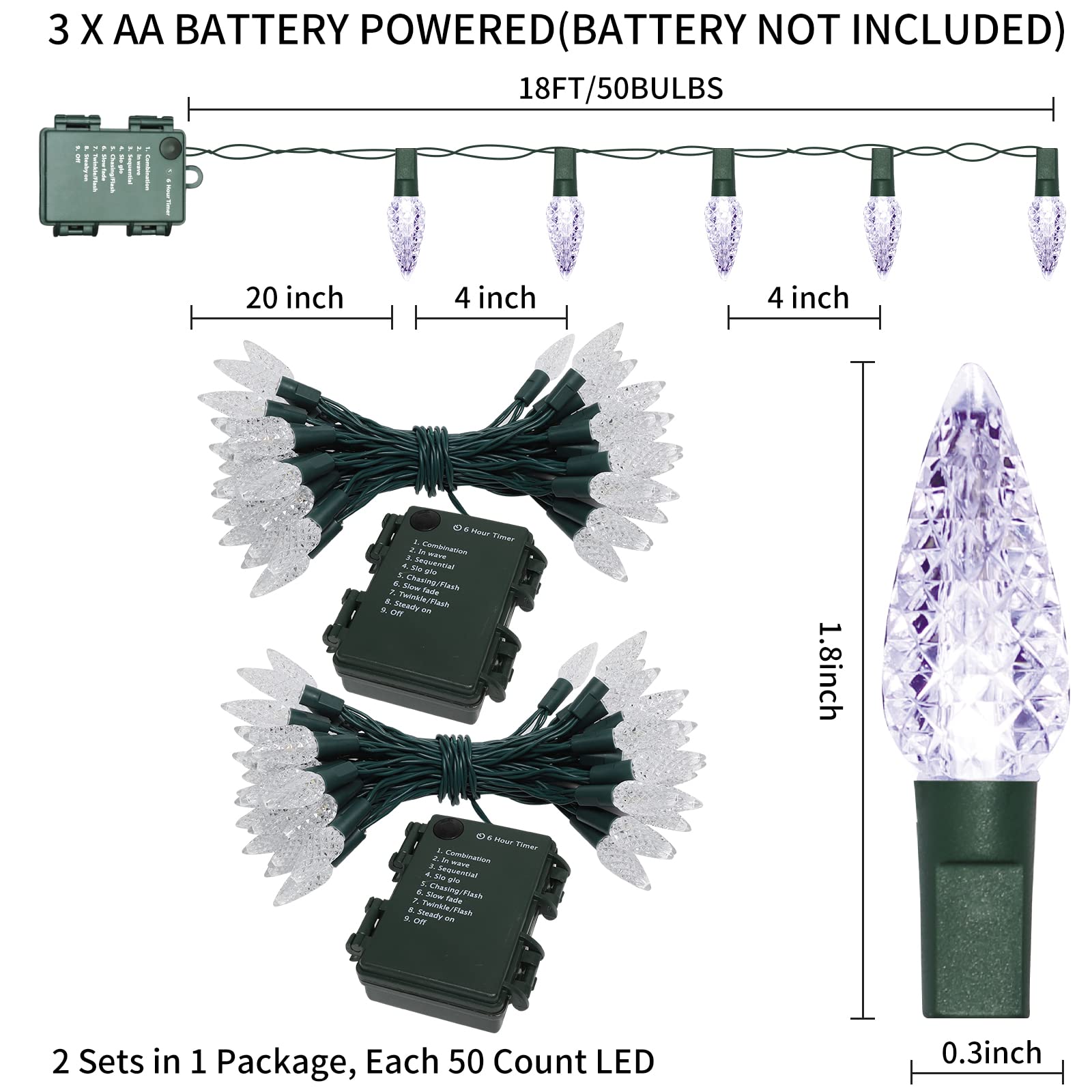 C6 Łańcuch świetlny LED na baterie, łańcuch świetlny na baterie, 9,8 m, 100 diod LED, do użytku wewnątrz i na zewnątrz, łańcuch świetlny z timerem i 8 trybami oświetlenia (2 zestawy – po