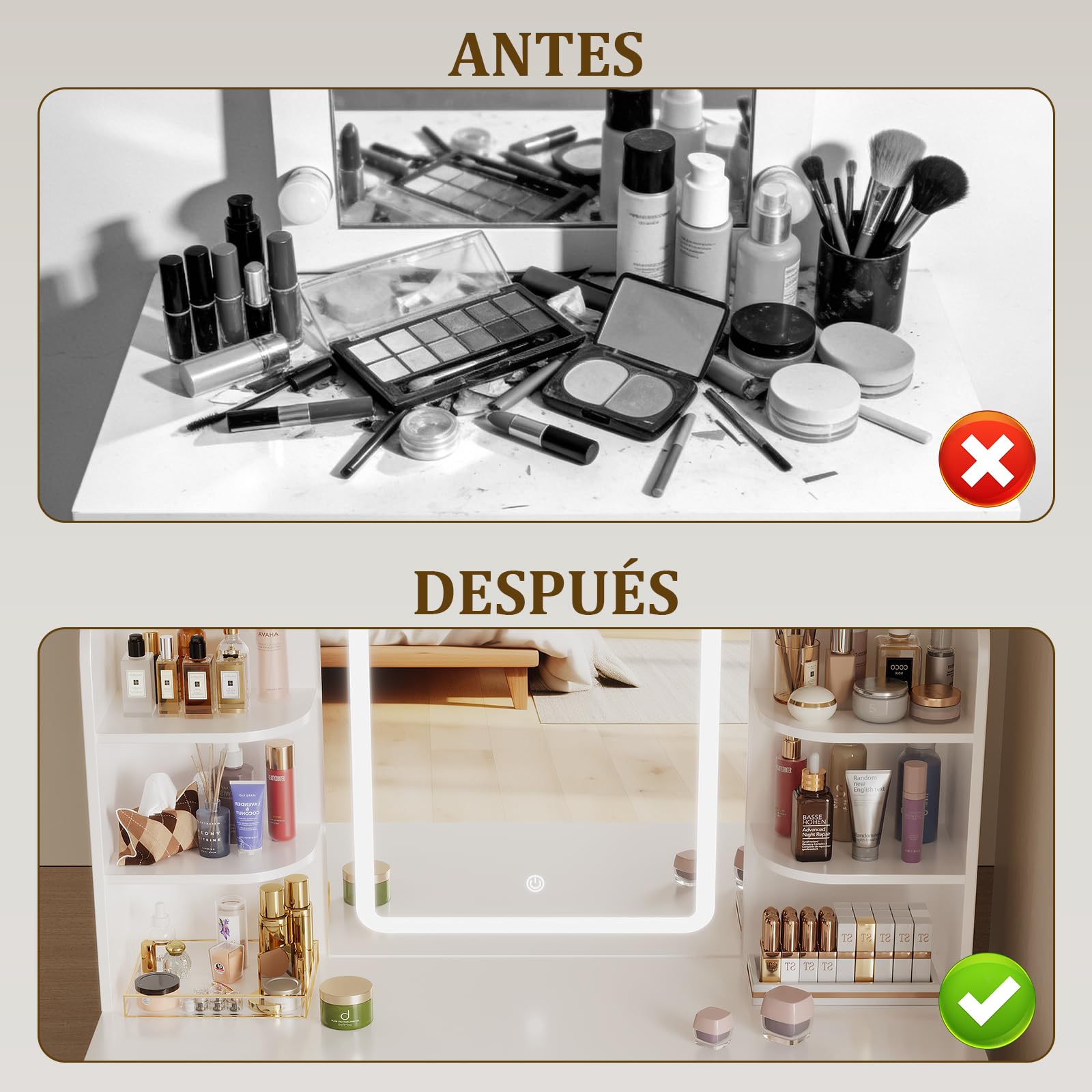 Airfish Tocador de Maquillaje con Espejo LED Regulable, 2 Cajones, 4 Estantes, 90x40x135 cm, Blanco