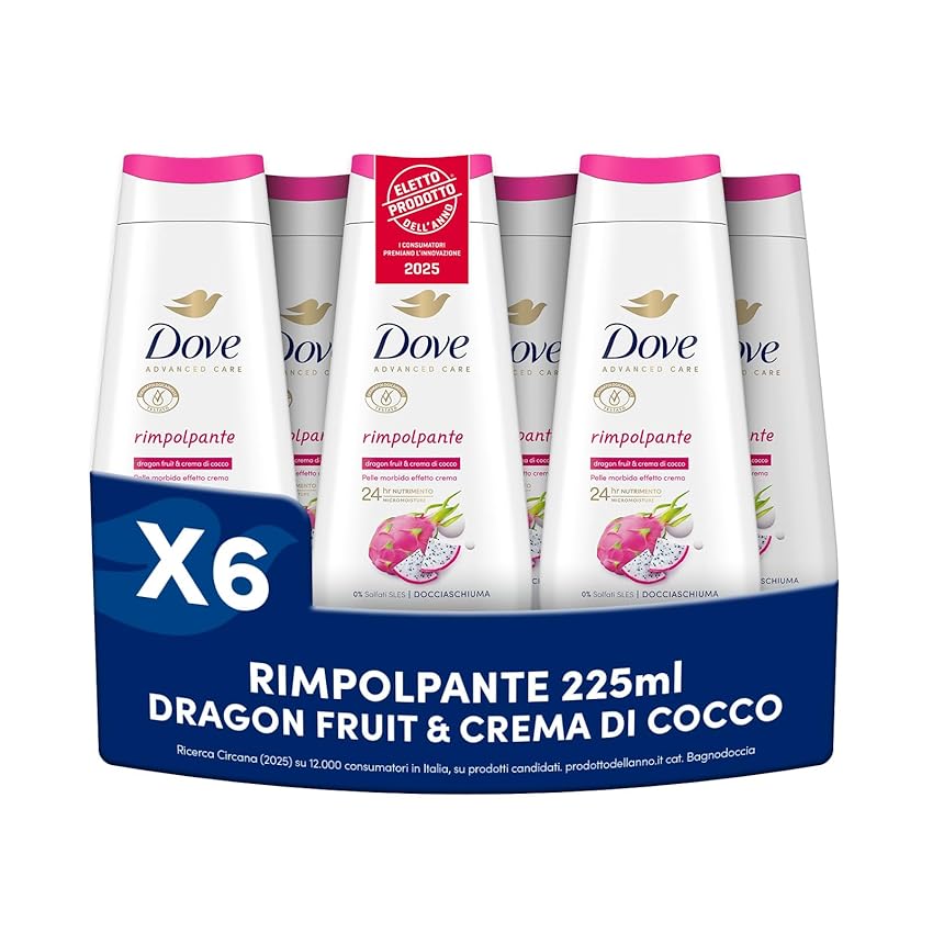 Dove Docciaschiuma Dragon Fruit & Coconut, Bagnodoccia Idratante, Formula Delicata al 94% Biodegradabile, con Agenti Idratanti Vegetali, Senza Solfati SLES, Bagnodoccia Uomo e Donna, 6 Pezzi da 225 ml
