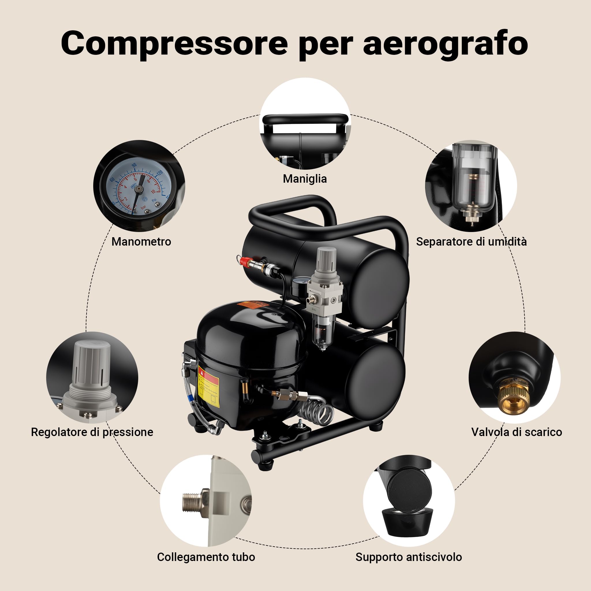 Wiltec Compressore aerografo HO-826, aria compressa 45-52 l/min, compressore per pistola aerografo, serbatoio olio da 2000 ml, 3-8 bar per aerografia