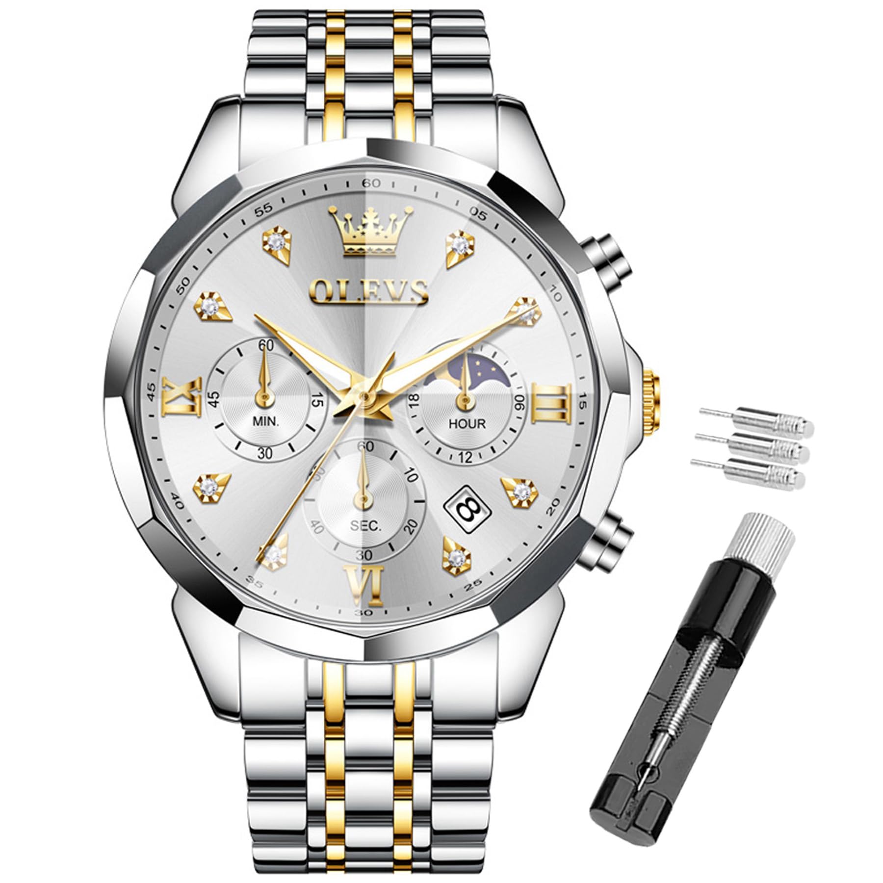 OLEVS Reloj para Hombre, cronógrafo Multifuncional con 4 subesferas, manecillas Luminosas, Fecha, Resistente al Agua hasta 3 ATM, Correa de Acero Inoxidable, Reloj de Cuarzo para Vestir de Negocios