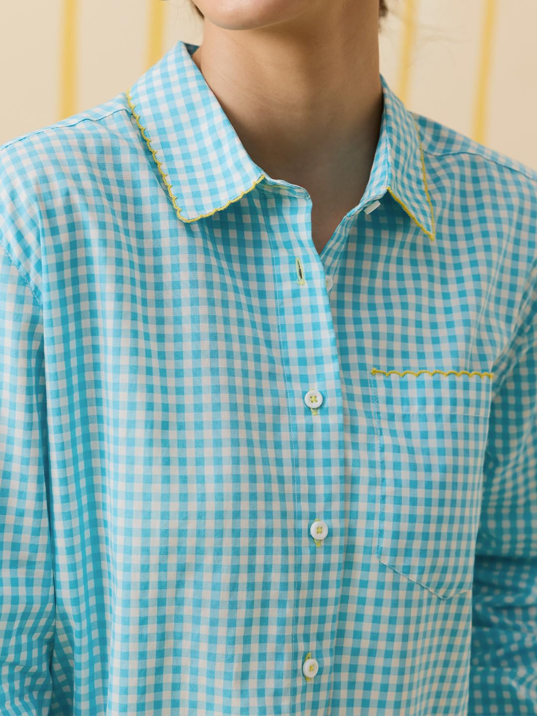 The Souled Store Camicia scozzese: floreale fioritura donne e ragazze maniche lunghe colletto spalmato azzurro e bianco a quadretti grafica stampata 100% cotone vestibilità oversize traspirante