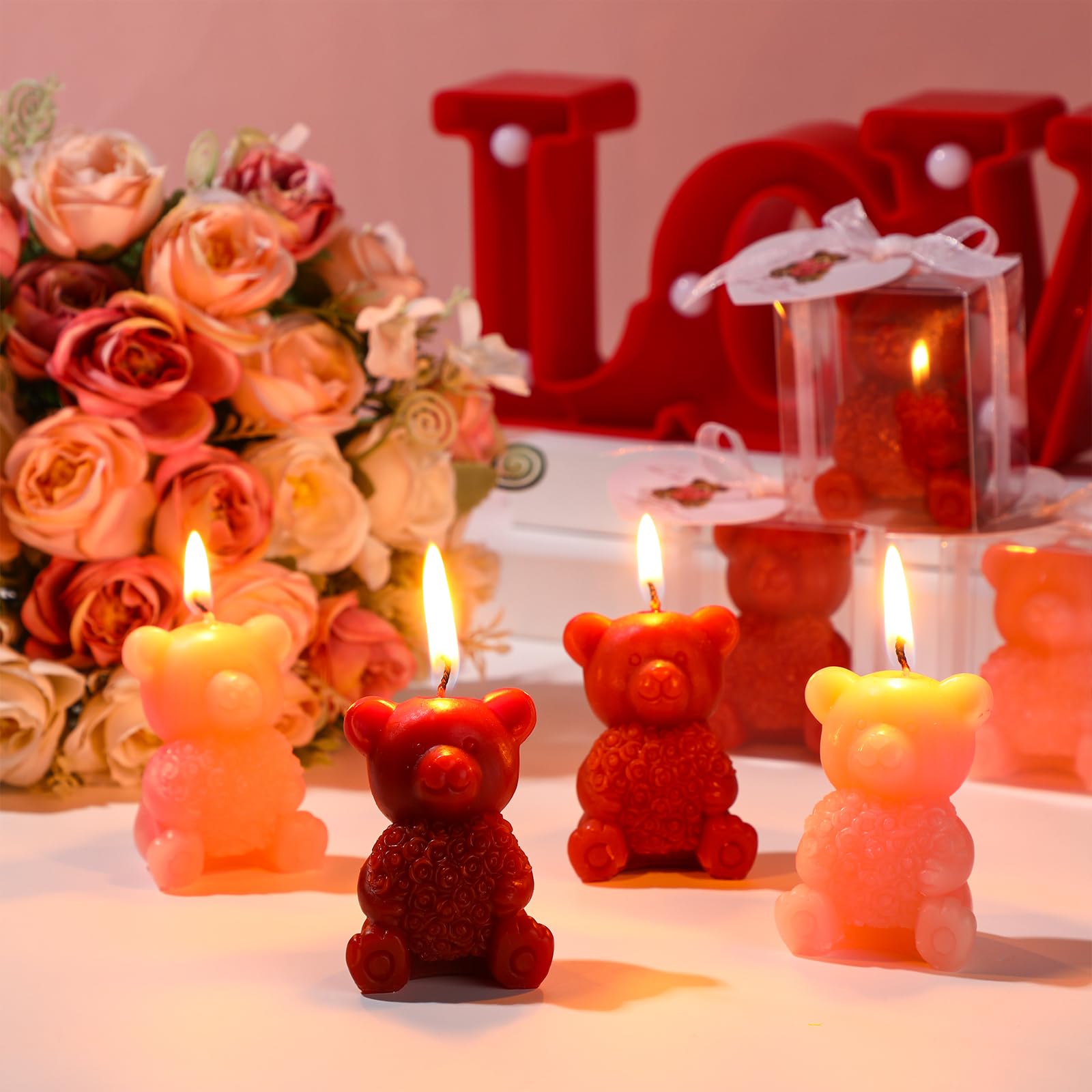 50 velas de oso para el día de San Valentín, velas de oso de rosas a granel en caja, bonitas velas de oso con tarjetas de bendición para propuesta del día de San Valentín, cumpleaños,