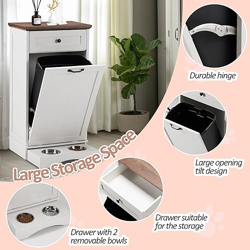 Miniatura 2 de Spurgehom Armario de basura inclinable de 13 galones, papelera de cocina, armario de almacenamiento de alimentos para perros con tazones, estación