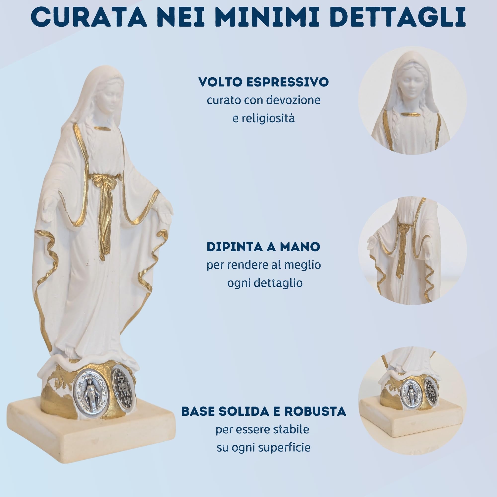 OVUNQUE PROTEGGIMI Statua Madonna Miracolosa o Immacolata Concezione cm 10, in Polvere di marmo. Piccola Statuetta della Madonnina. Medaglia Miracolosa in metallo.