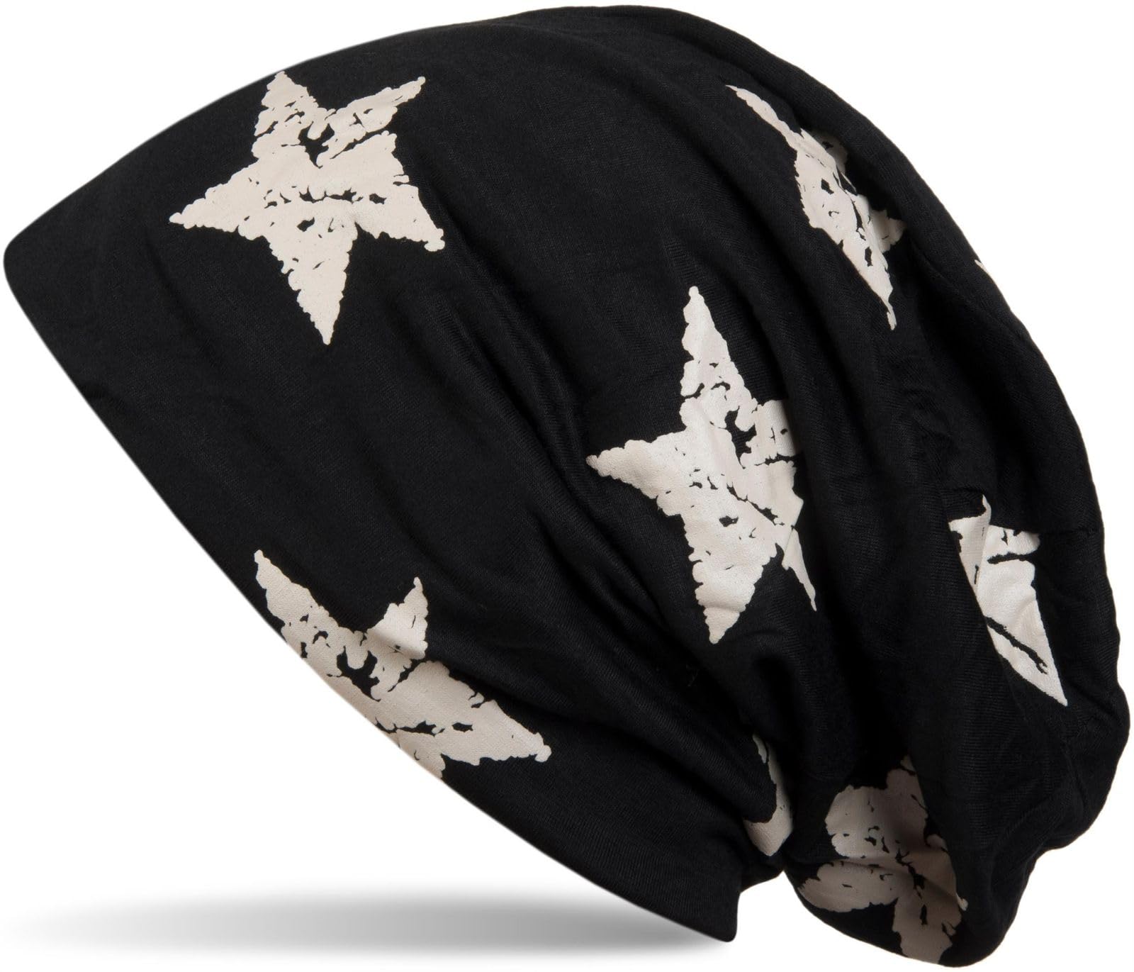 Stylebreaker Women's Black Beanie Hat With Stars Print In Destroyed Vintage Look, Unisex 04024041, Colour:
