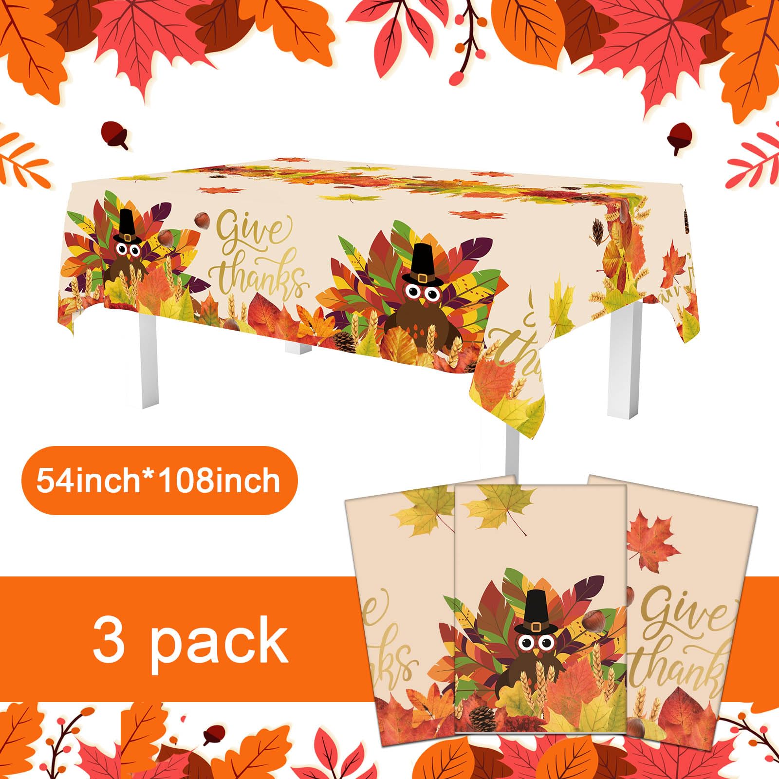 Mocsicka 3 Pack Thanksgiving Disposable Tablecloth Fall Maple Turkey Give Thanks Waterproof Rectangle Plastic Tablecloths for Friendgiving Party Decorations 108x54 Inch