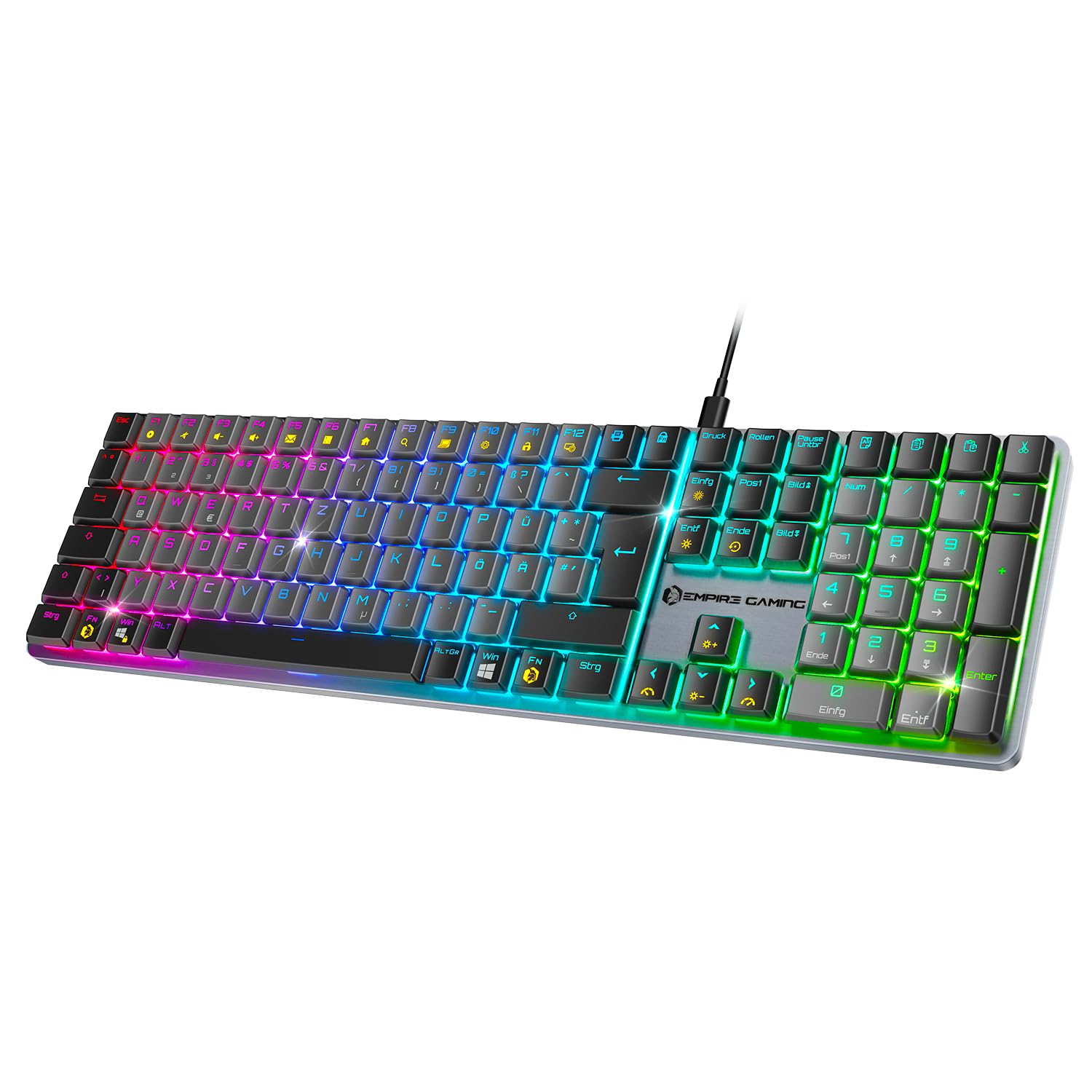 Empire Gaming K243 Mechaniczna klawiatura przewodowa układ DE (Qwertz), 111 klawiszy, odłączane USB-C, przełączniki MX Red, podświetlenie RGB z 24 efektami, funkcja Anti-Ghosting NKRO, do PC i konsoli
