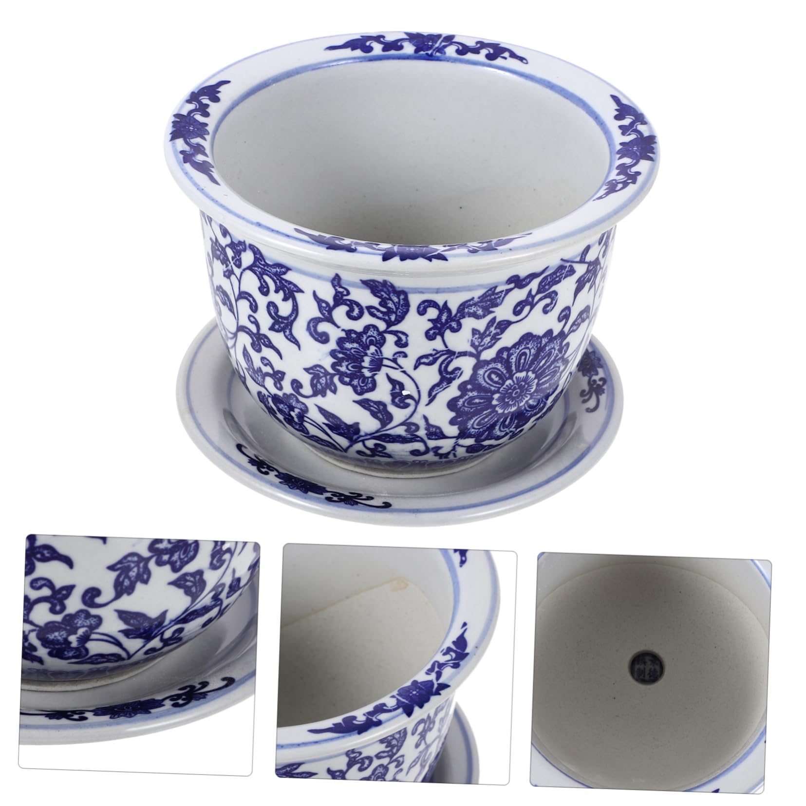Vaso per Piante in Ceramica con Piattino, Vaso Decorativo Stile Cinese Blu e Bianco, per Balcone e Camera da Letto, Set per Fiori ed Erbe