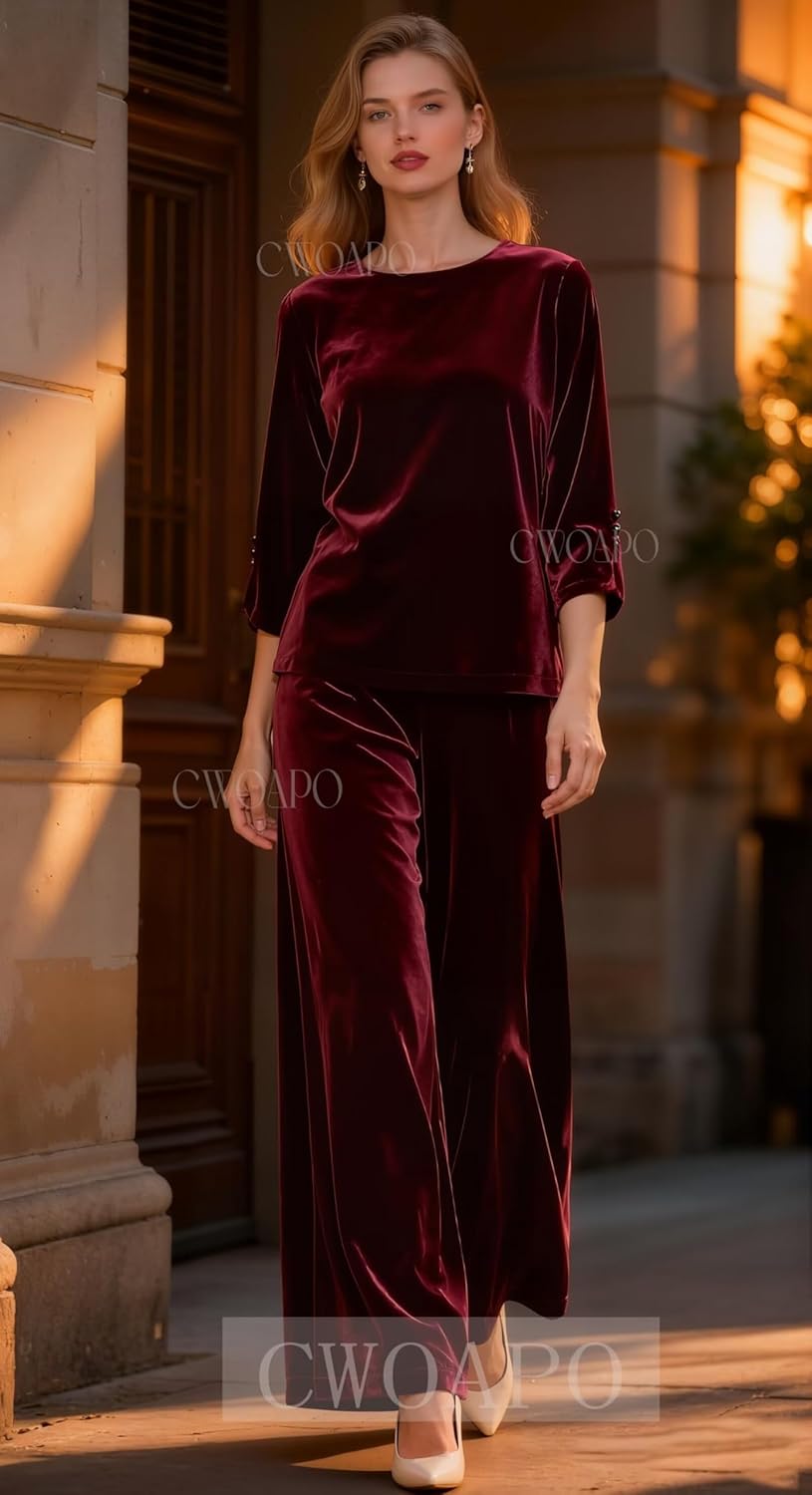 CWOAPO Velvet Mother of Bride Pant Suits for Women Long Sleeve 2 Piece Pantsuit Formal Wedding Guest Outfit - Image 3