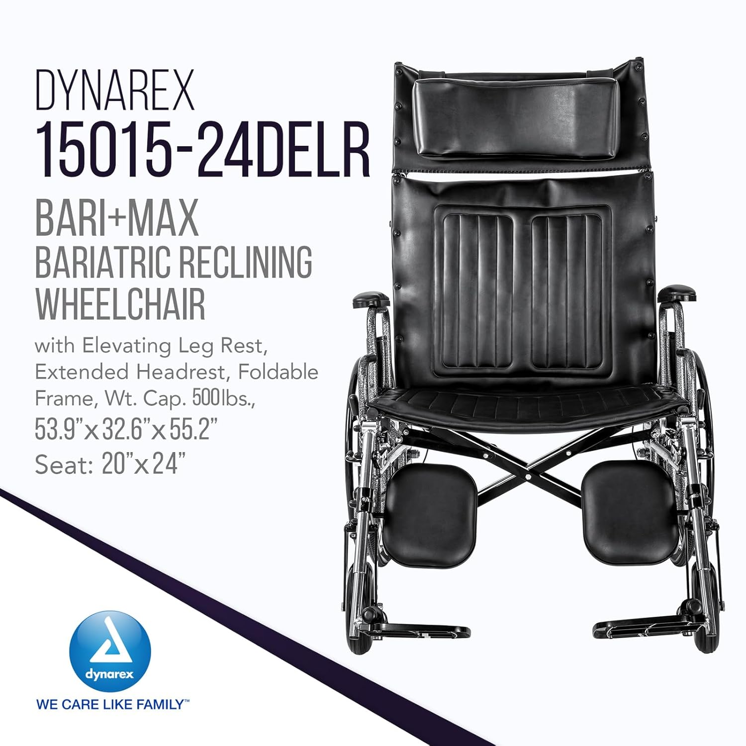 Dynarex Bari+Max Bariatric Reclining Wheelchair with Elevating Leg Rest, Extended Headrest, Foldable Frame - 24" Seat, 500 Pounds Weight Capacity,Black