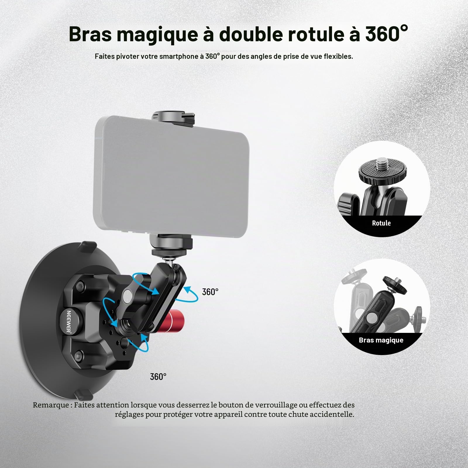 NEEWER Support Caméra Ventouse 4,5" Bras Magique, Compatible avec Arri 1/4" 3/8" Trous, Support Voiture Quick Release, Adaptateur Action Cam Compatible avec iPhone GoPro DJI Insta360, CA105