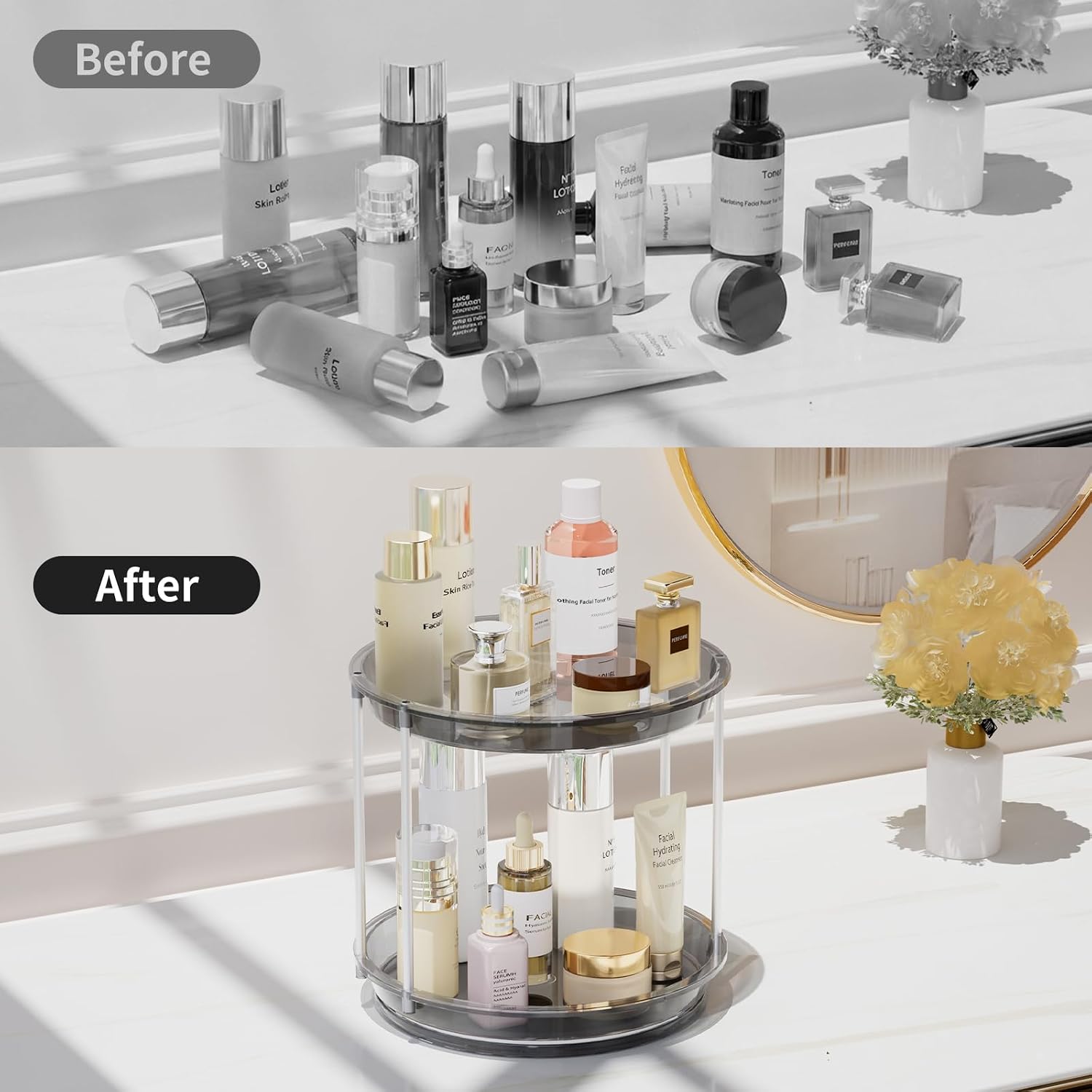 Rotating Makeup Organizer, Perfume Skincare Holder, 2 Tier 9 Inch, Gray image 4