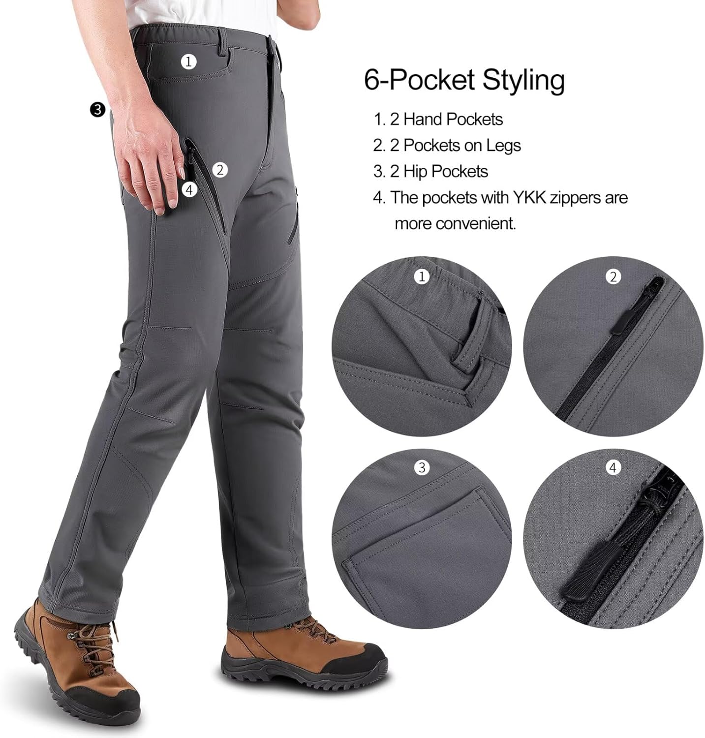 KUTOOK Men's Hiking Pants Softshell Ski Snow Pants Thermal Fleece Lined Water Resistant Outdoor Trousers with 6 Pockets - Image 2