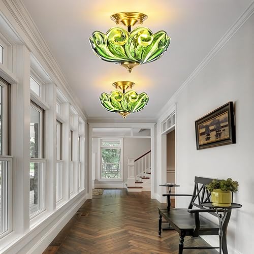 Miniatura 5 de HuixuTe Lámpara de techo moderna semiempotrada, 3 luces doradas para cerca del techo con pantalla de vidrio verde para sala de estar, entrada,