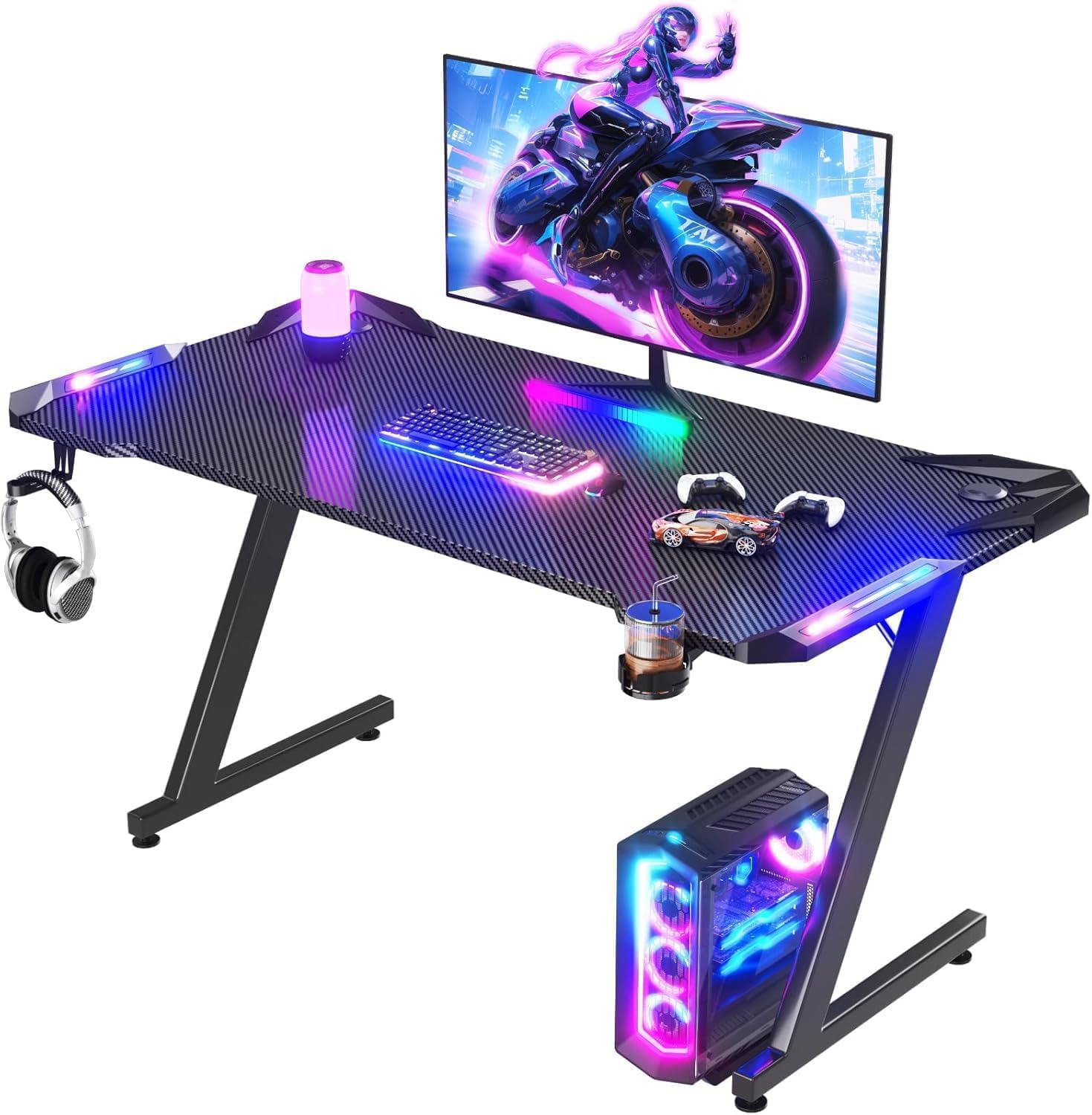 Scrivania Gaming LED 120x60 cm - Tavolo da Gaming con Luci RGB a Controllo Tattile, Piano in Fibra di Carbonio Nero, Ganci per Cuffie, Design Ergonomico, Scrivania PC per Setup Gamer Professionale