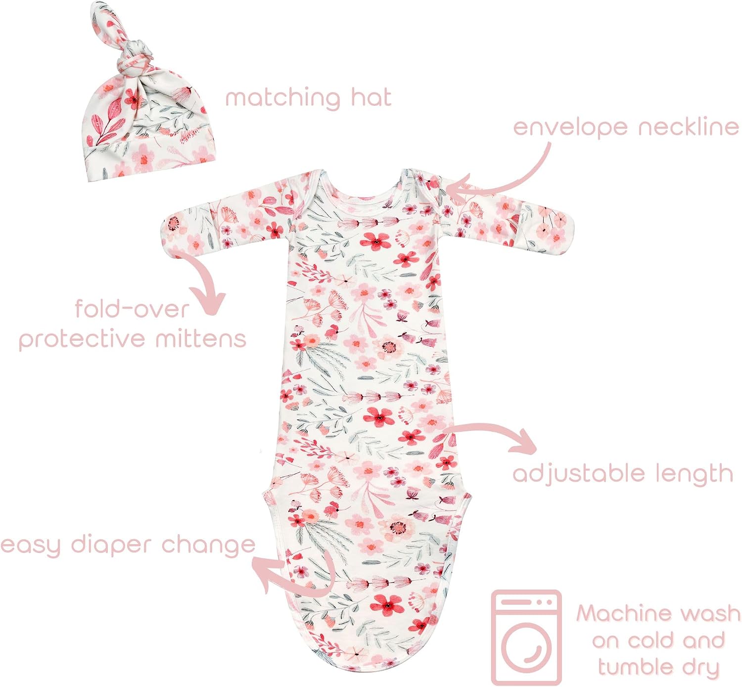 Newborn Baby Cotton Knotted Gown with Mittens Long Sleeve Sleeper Gown Nightgown Coming Home Outfit with Hat 2 Pieces