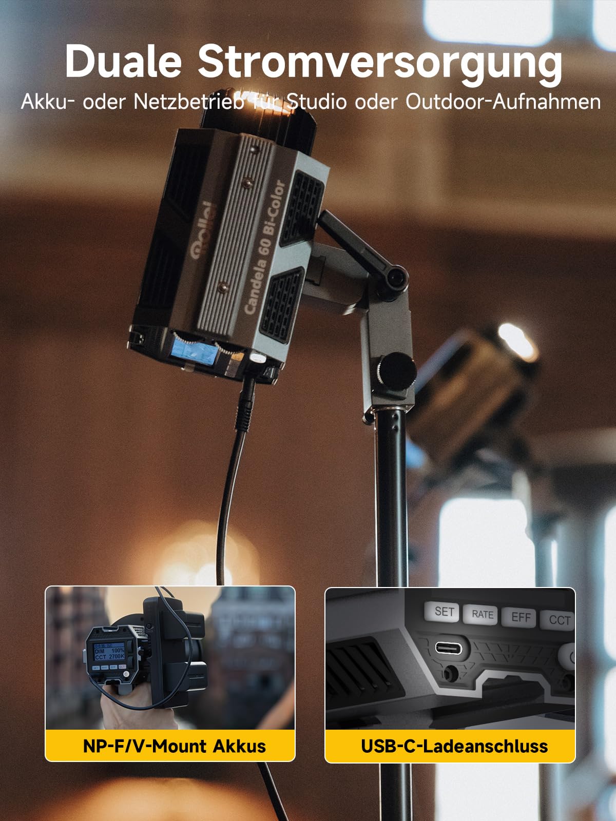 Rollei Candela 100 Bi Color Led Videolicht 100W 2700K~6500K Stufenlose Helligkeitsregulierung Dauerlicht Fotografie Ultrakompakt&Leicht 800g APP Smarte Bedienung, Videolicht-Fotolicht-Video-Light-LED