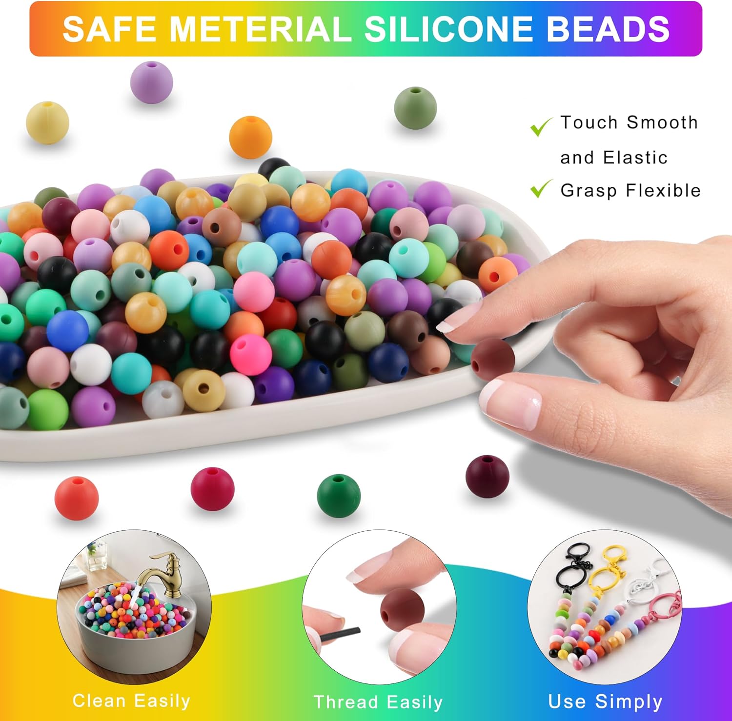 Sunrony Mixed Color Random 240PCS 9mm Silicone Beads for Keychain Making, Multicolor Round Silicone Beads for Pens and Necklace Bracelet Crafts Making - Image 6