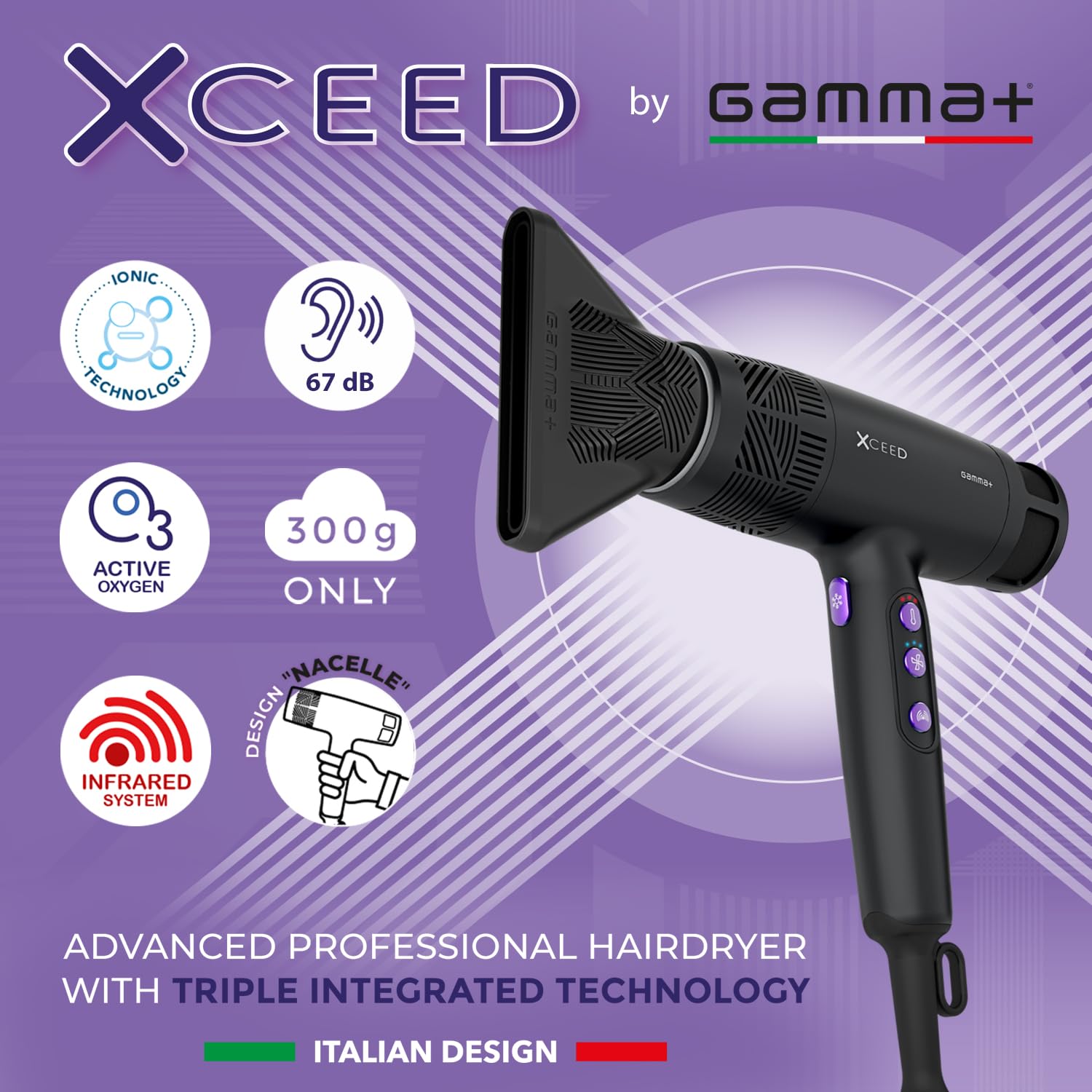 Gamma+ XCEED Asciugacapelli Professionale con Ossigeno Attivo, Infrarossi e Ioni Negativi | Phon Leggero 300 gr | Asciugatura Rapida | Anti-Crespo | Styling da Parrucchiere a Casa | Design Italiano