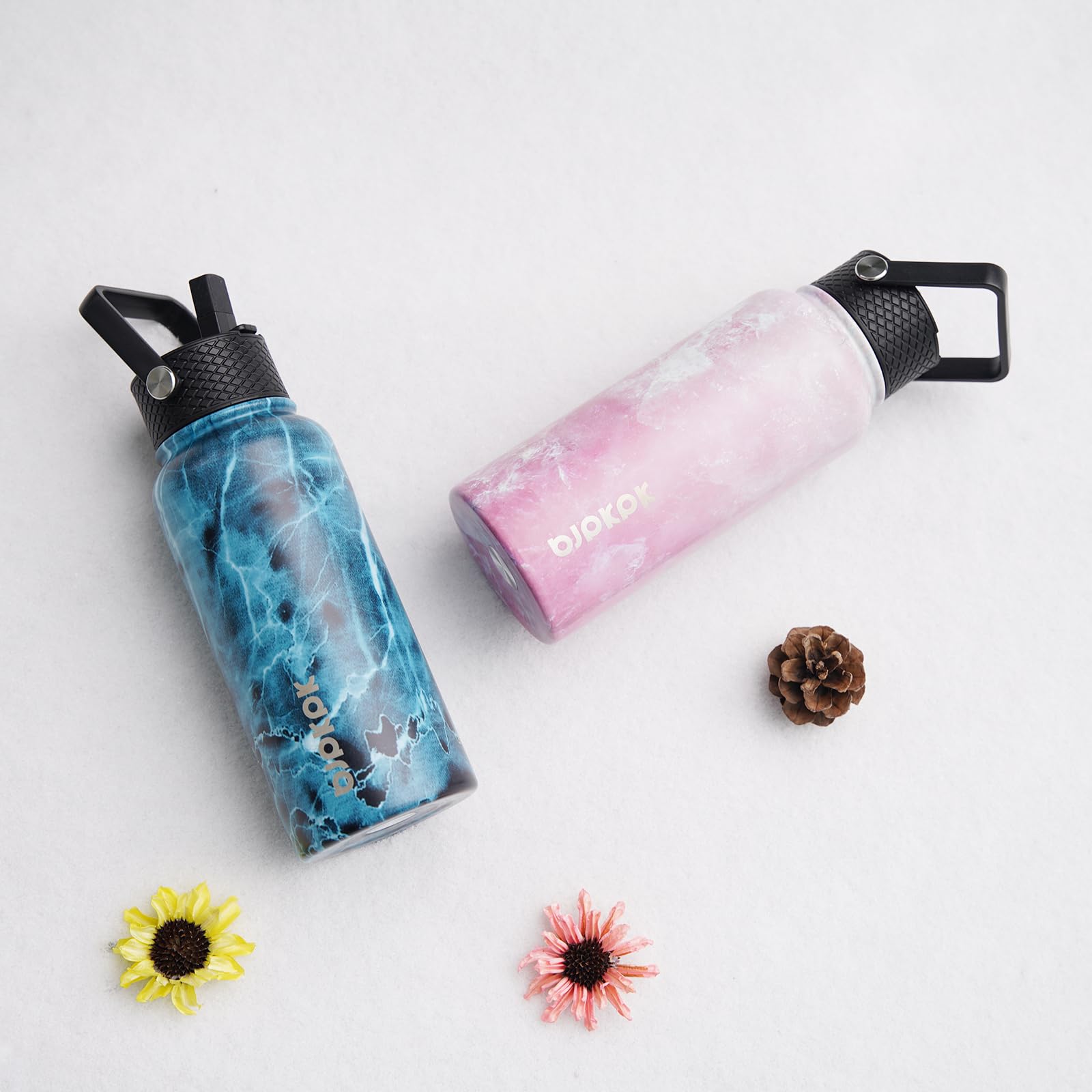 BJPKPK Paquete de 2 botellas de agua aisladas con tapas con popote, botella de agua de metal de acero inoxidable de 32 onzas con 6 tapas, a prueba de fugas, sin BPA, termo para viajes, deportes (oasis