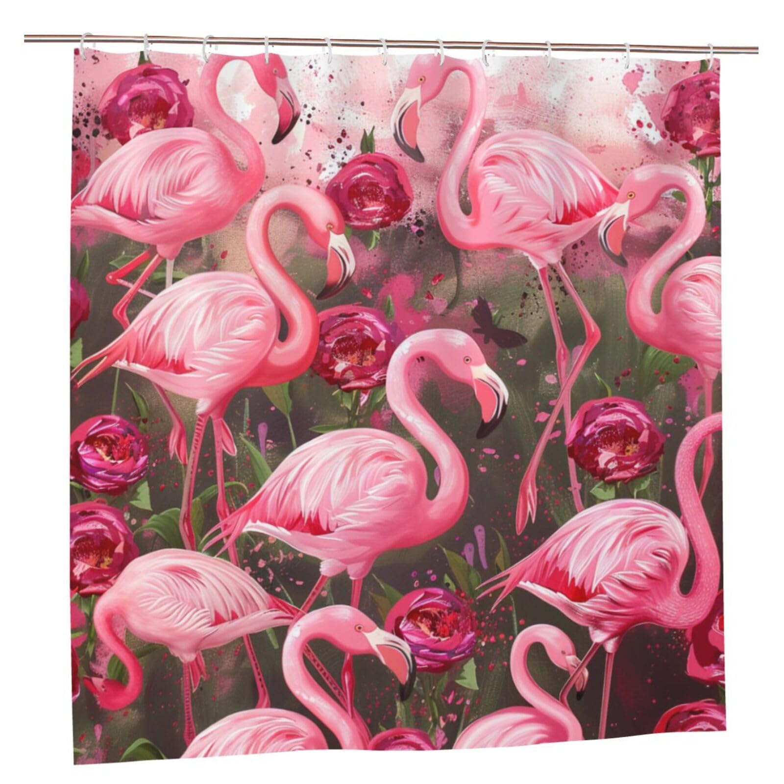 BWWHCCTI Flamingos Printed Shower Curtain With 12 Plastic Hooks Opaque Quick Drying Waterproof Shower Curtains Sets For Bathroom 183x183 CM
