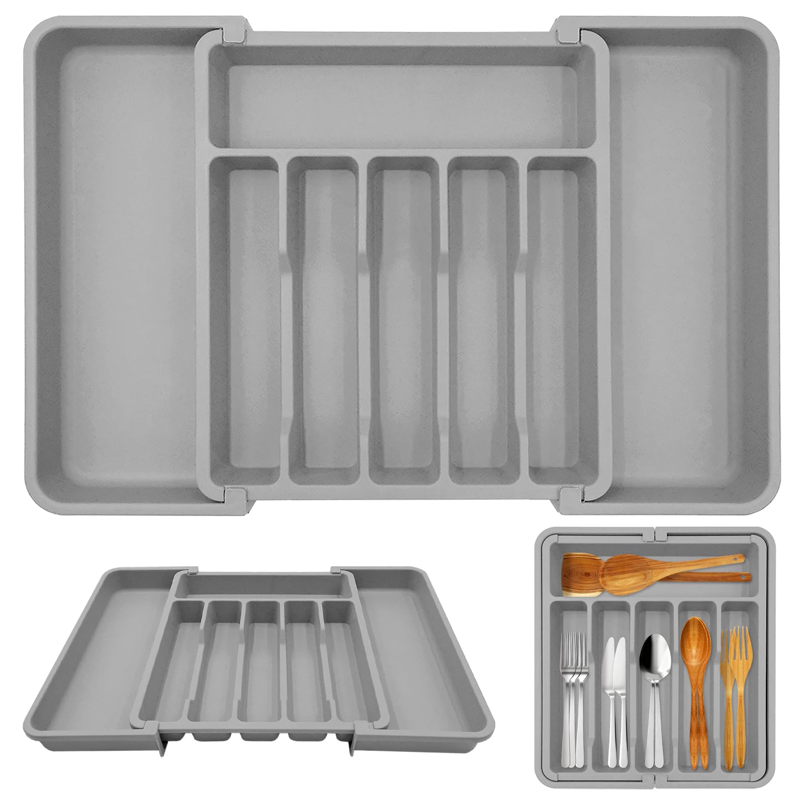 Mritrit Expandable Cutlery Drawer Organiser 60cm with 6-8 Compartments, Non-Slip Silverware Tray for Kitchen Spoons Forks Knives Gray