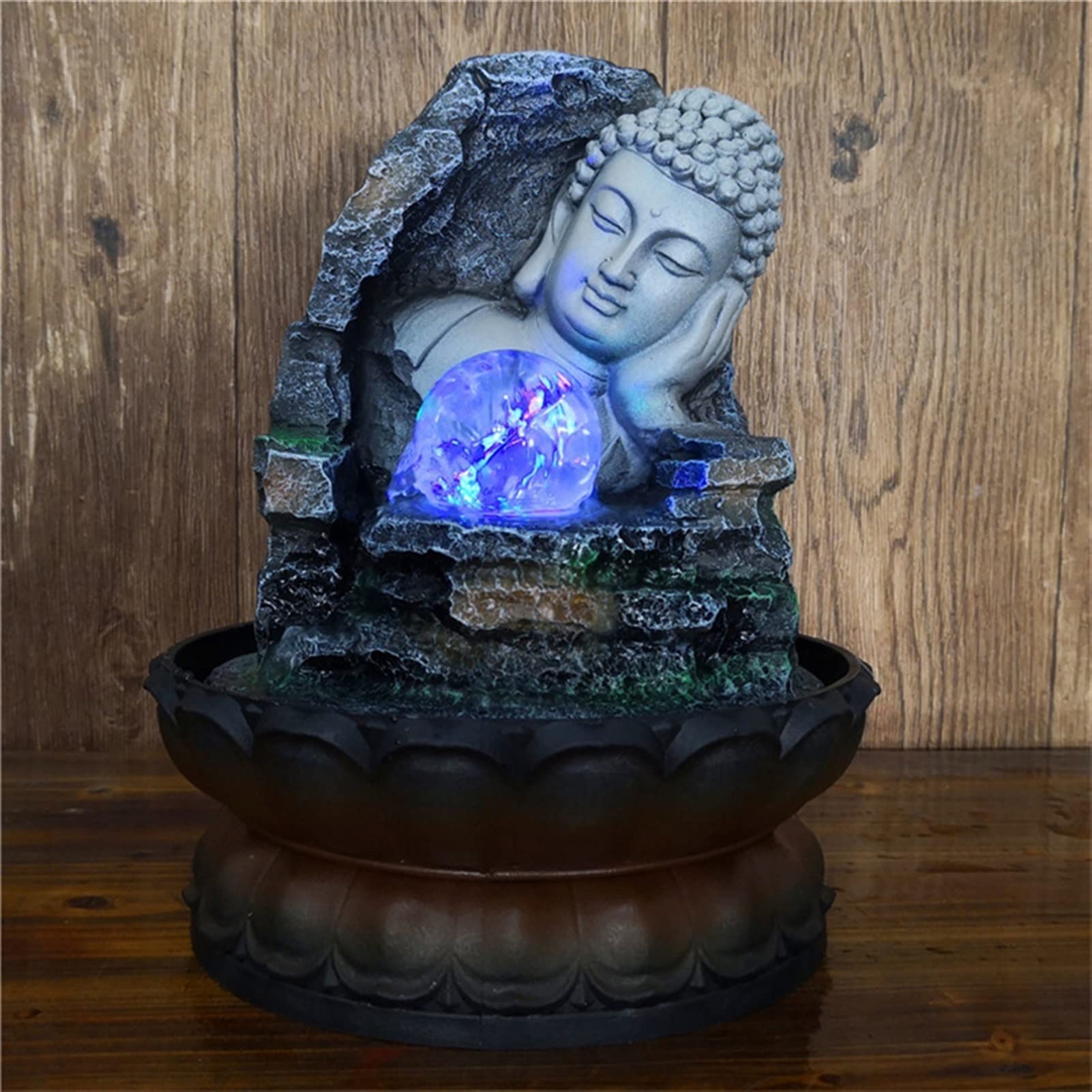 Fuente Decorativa de jardín, Fuente de Agua con Cascada, de Resina, diseño de Buda y Loto, con iluminación LED, Bola de Cristal, Feng Shui Zen, decoración para salón, Dormitorio, Oficina