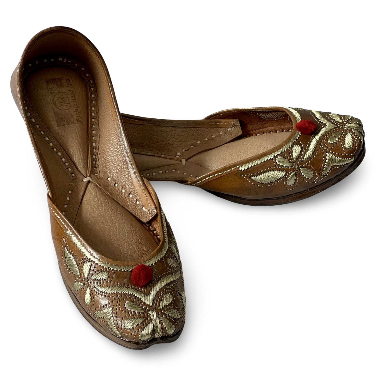 PHA || Traditional Embroidered Floral Punjabi Juttis, Brown Leather with Gold Thread Design, Red Pom Pom Soft & Durable Jutti-image-3