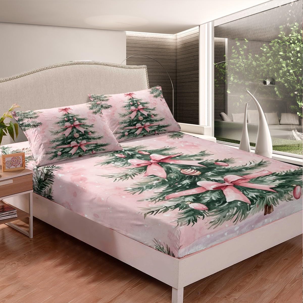 Erosebridal Green Christmas Tree Fitted Sheet Pink Bowknot Sheets,Christmas Tree Ornaments Bed Sheets Full,Xmas Bed Set Pink Christmas Decorations Indoor