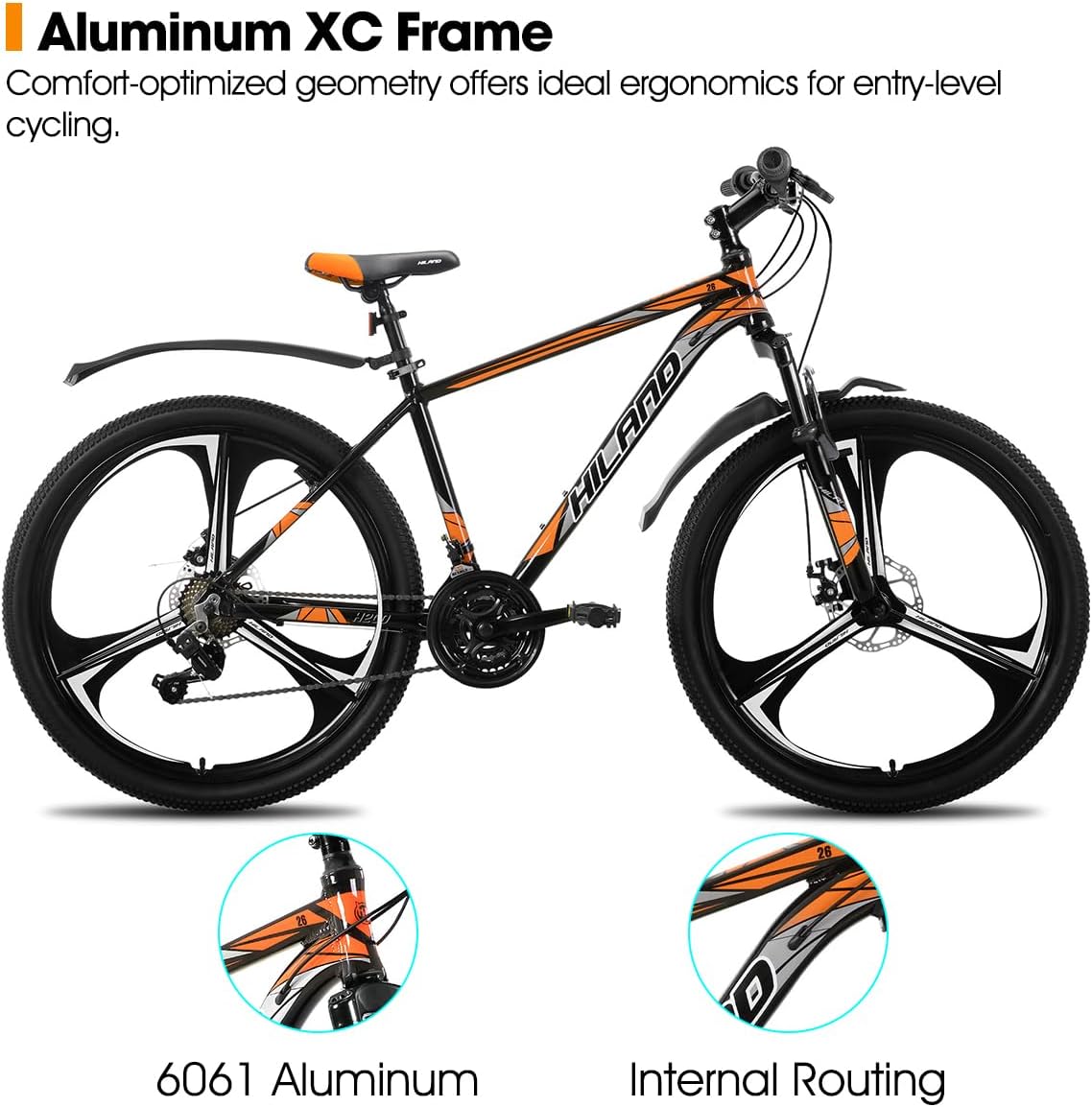HILAND 26" MTB Mountain Bike for Men Women Adults, 18-Speed, Disc Brake, Lightweight Aluminum Frame, 3/6 Spoke Wheel