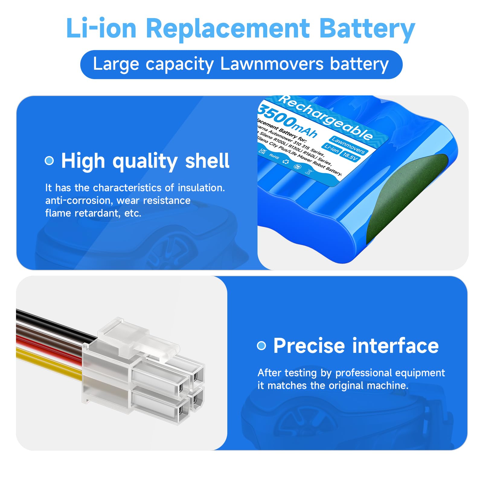 18,5V/ 3500mAh Tondeuse Batterie pour Husqvarna Automower 310,315,315X (2015-2018), pour Gardena Sileno R100Li/ R130Li/ R160Li, pour Gardena Sileno City/Life 250 500 (années 2015-2018) 584 82 28-01/02