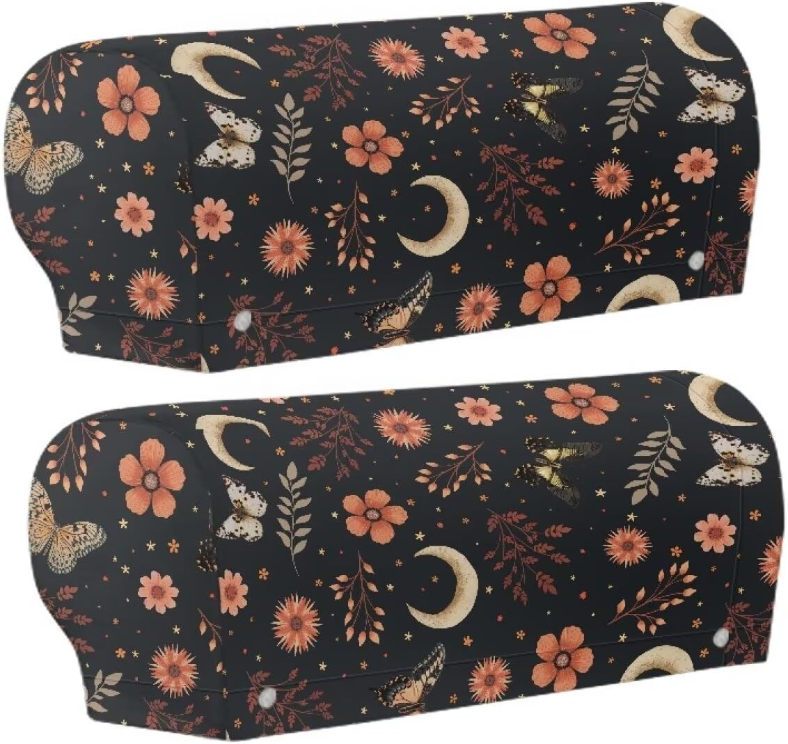 Sofa Armrest Covers Protective Couch Sofa Armchair Slipcovers Set of 2 Vintage Floral Moon Butterfly Print Chair Arm Protector with 10 Buttons for Home Office Recliner Couch