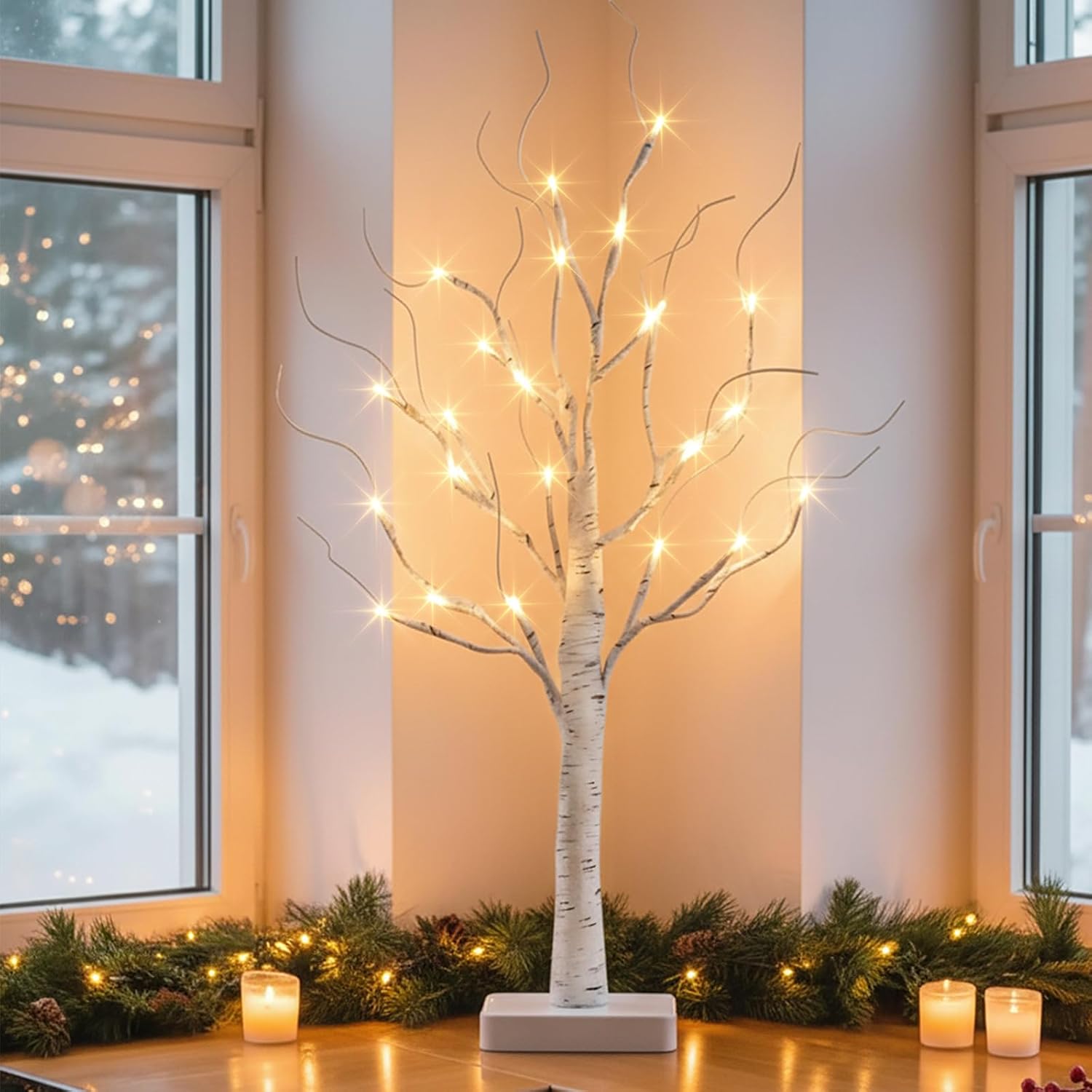 Vanthylit Lighted Birch Tree Battery Powered Tabletop Tree Decorations for Home Mantle Party Christmas Decorations (22 Inch)