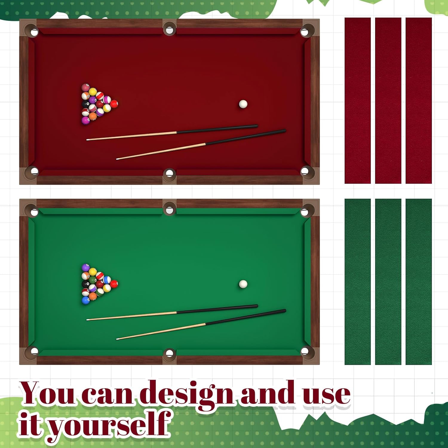 Breling 2 Sets 8ft Pool Table Felt Replacement Kit with 12 Rail Cloth Strips, Pre Cut Billiard Table Cloth for Standard 8 Foot Pool Tables, Durable Felt for Home Game Rooms, Bars & Clubs (red & Green)