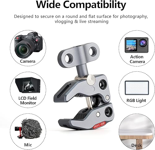 Miniatura 6 de VILTROX Super Clamp ES-V02 Soporte de abrazadera de cangrejo con orificios roscados de 14 de pulgada y 38 pulgadas, montaje de abrazadera en forma